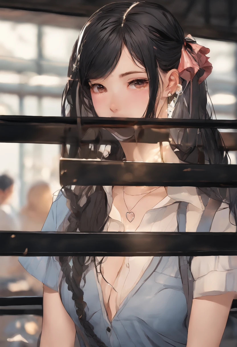 JK skirt, black hair, ahoge, ponytail, twintails, sidelocks, wet hair, mole under eye, heart-shaped pupils, light smile, Contemporary art, cowboy shot, from side, anatomically correct, super detail, high details, highres