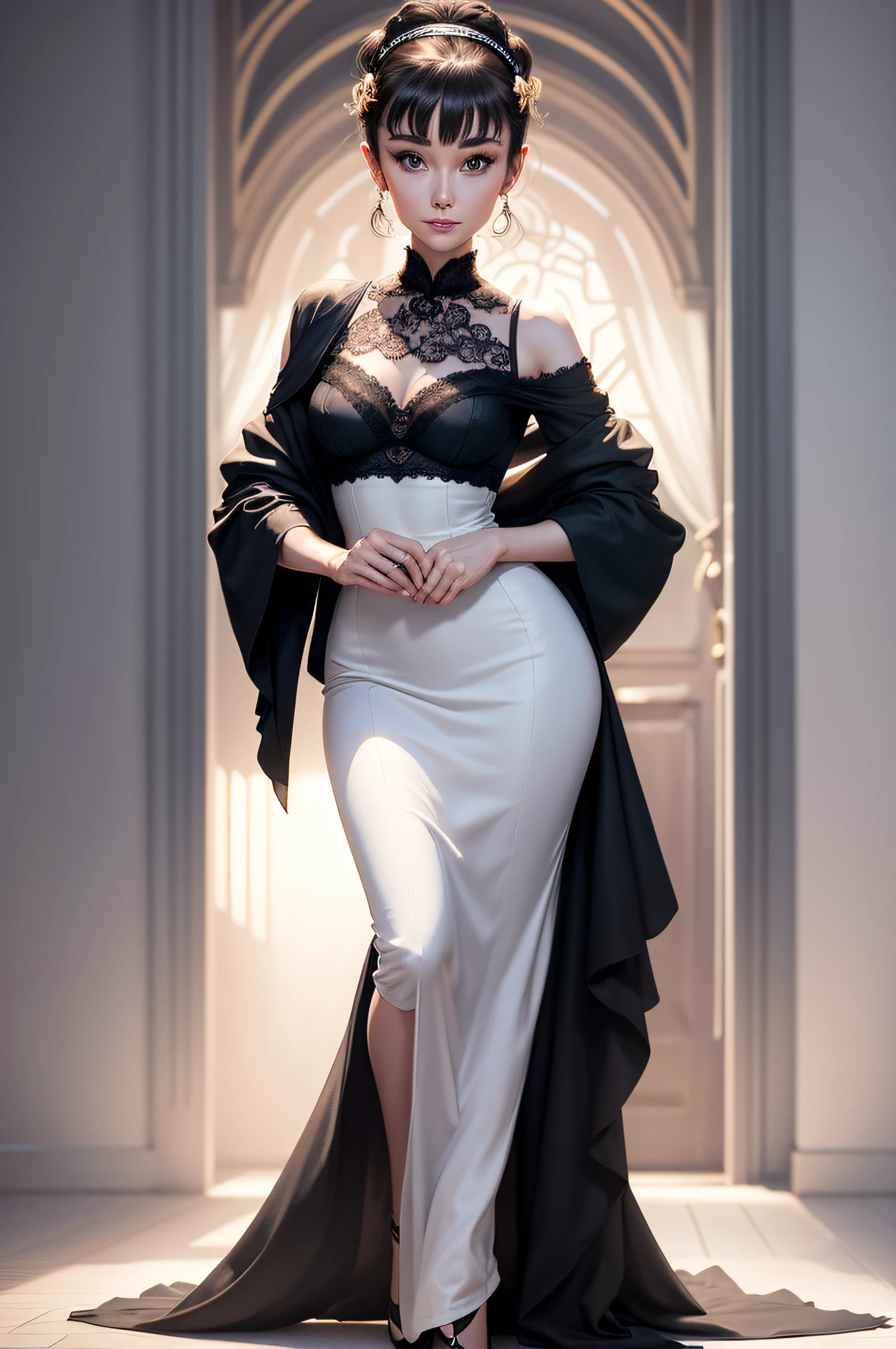 Full body shot of Audrey Hepburn,Exquisite facial features,s the perfect face,ssmile,lace-trimmed bra,Highly realistic,album covers,Best image quality,Works of masters,超高分辨率,high detal,in a panoramic view,Realistic portraits,Glowing skin,are standing,Cinematic lighting,Ambient lighting,8K分辨率 --auto