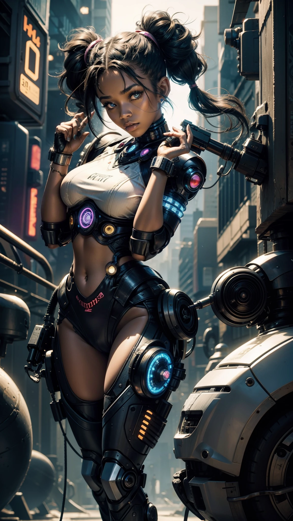 1 18 year old girl African American hair pigtails cyberpunk style with cybernetic prosthetics