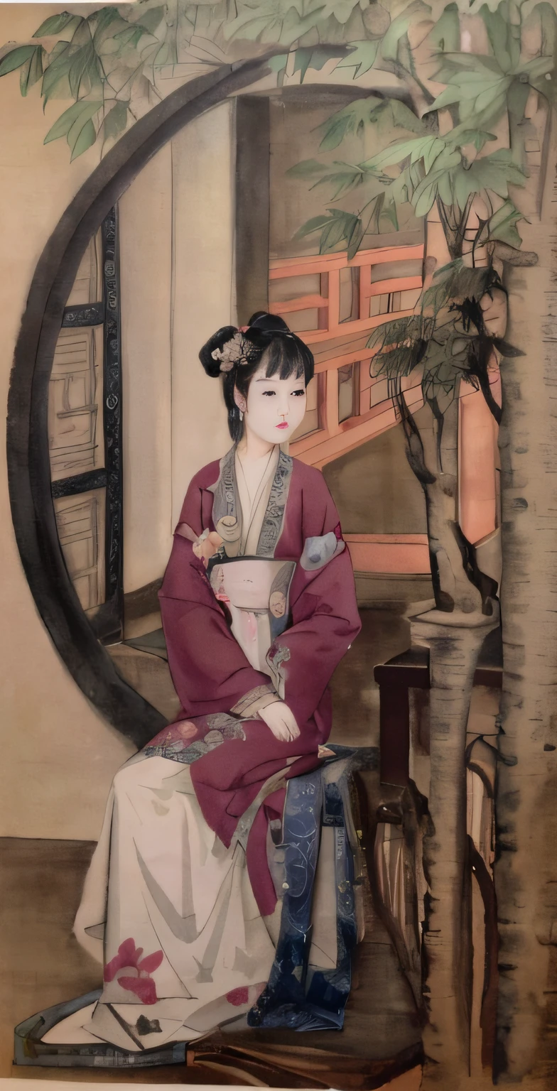 Painting of a woman sitting on a bench in a room, ancient chinese beauti, qing dynasty painting, old chines painting, Palace ， kiyo，Yongzheng 12 beautiful picture，On-site replication，Clear facial features，Big eyes