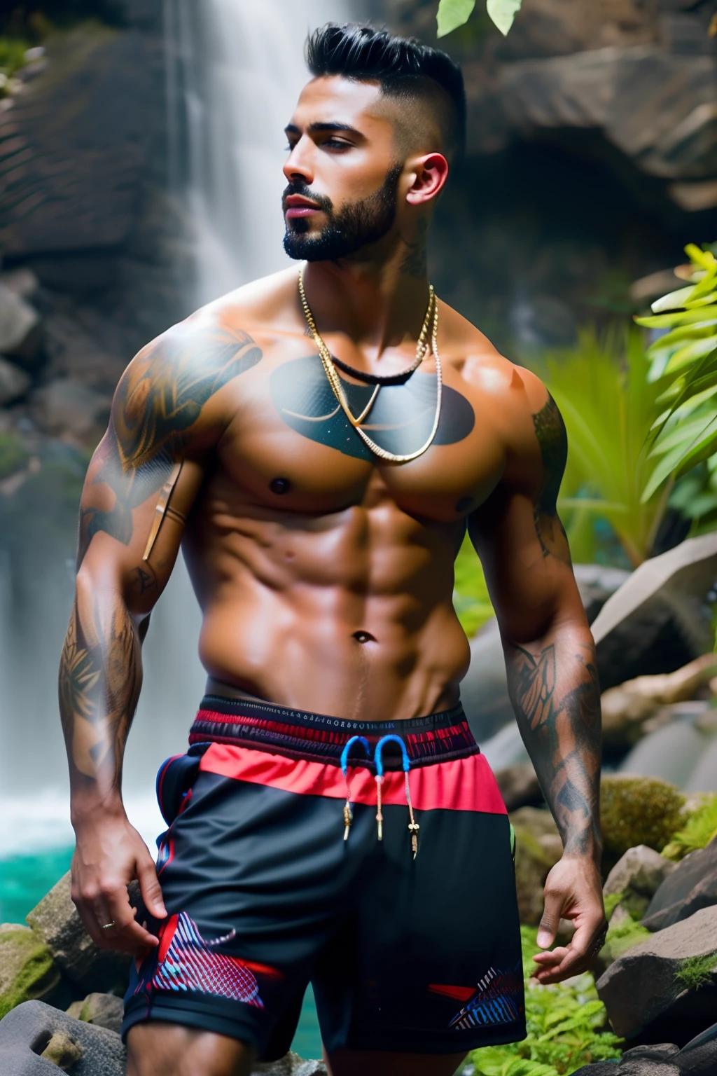 fking_scifi, fking_scifi_v2, portrait of a young, muscular extremely handsome and attractive Brazilian male model, in front of a waterfall, short windy hair, hairy tattooed body, colorful clothing and golden jewelry, close up, regal pose and attitude. fking_cinema_v2.