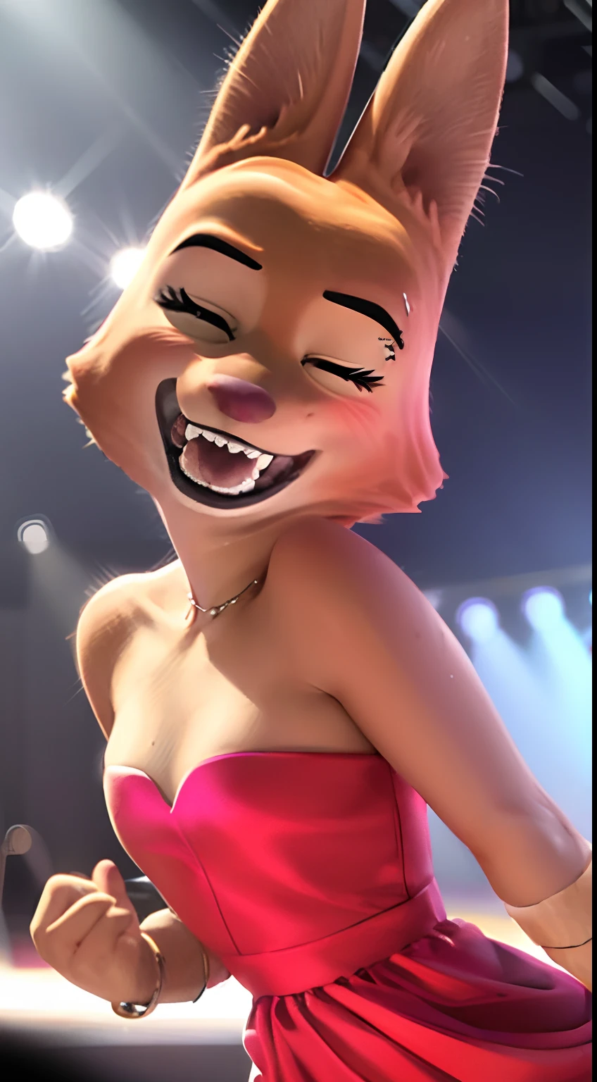 a detailed and realistic portrait of diane foxington singing on a stage, orange body, black lips, eyelashes, eyebrow piercing, pink dress, eyes closed