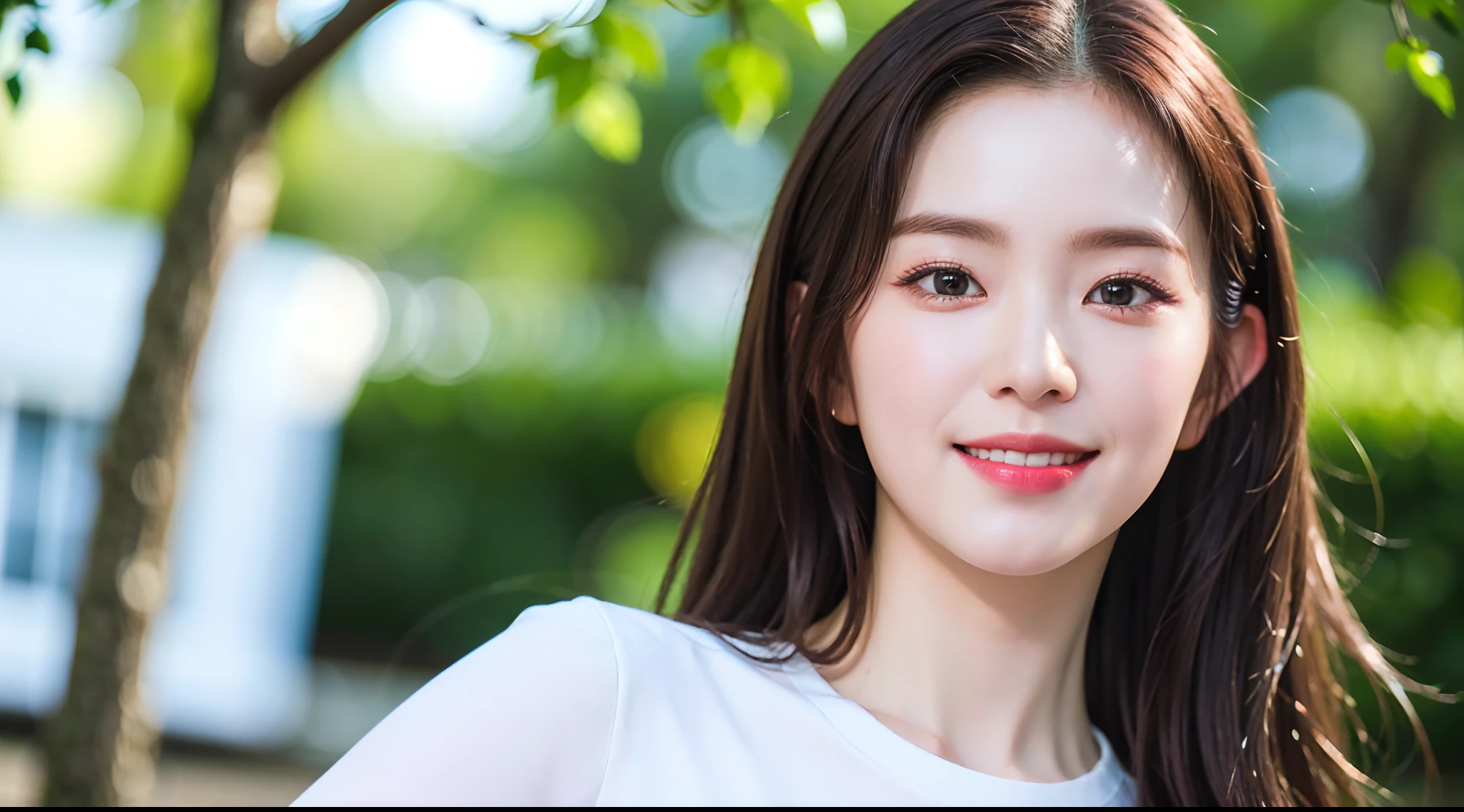 extremely detailed eyes, extremely detailed face, best quality ,masterpiece, extremely detailed, ultra-detailed, (realistic, photo-realistic:1.3), smile, (facing front), looking at viewer, white shirt, sunny day, outdoor, 1girl upperbody