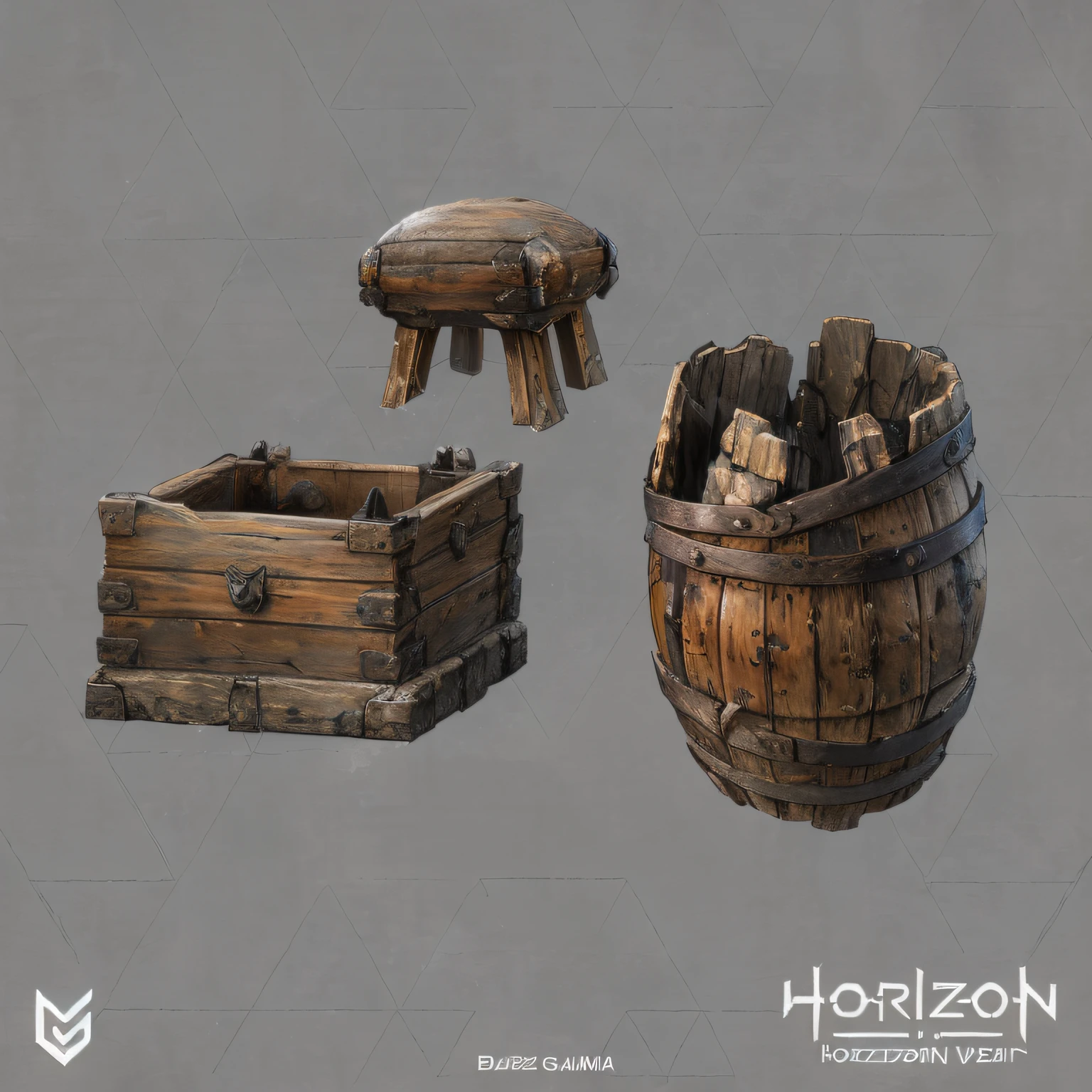 Close-up of wooden barrels and wooden benches, Horizon Forbidinsi, game assets, object concept art, game assets, video game assets, video game assets, seperated game asset, video game assets, rpg game environment asset, ultra detailed concept art, Wooden boxes and barrels, 3d game object, Hosson, Highly detailed object content