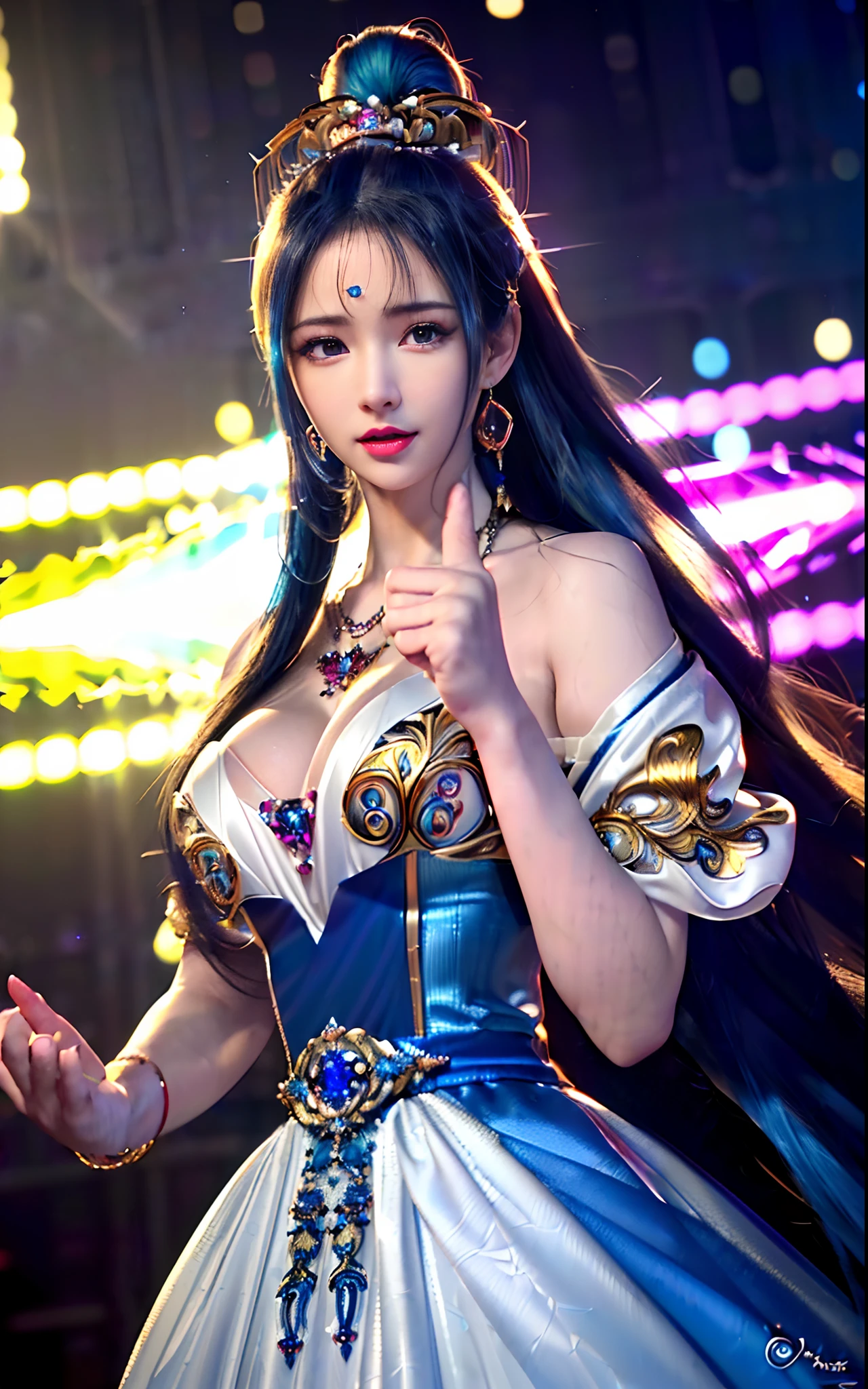 ((realisticity: 1.2)), ((realistic: 8K UHD)), ((best resolution: 8K UHD)), hyper detailed, best quality,masterpiece,highres,cg, ((1 girl hyper detailed and hyper realistic) ) , ((beautiful queen, hyper realistic and hyper detailed)),((white skin, beautiful, smooth, youthful, hyper realistic and hyper detailed )), ((Face hyper beautiful, white, hyper realistic and hyper detailed ) ), long hair, ((hyper realistic and hyper detailed dress)), solo, ((hyper realistic, hyper beautiful, beautiful and hyper detailed jewelry)), ((hyper beautiful deep red and golden yellow dress, hyper realistic and hyper detailed )) , ((Her pretty, hyper realistic, hyper detailed diamond filled earrings)), ((Her gorgeous diamond haircut, hyper realistic and hyper detailed)), ((hyper pretty upper body, hyper beautiful, hyper realistic and hyper detailed) ), ((medium breast: 1.1)), ((hyper realistic, hyper pretty, hyper detailed boobs)), ((the backgroun of the royal palace is hyper majestic, hyper realistic and hyper detailed)),((hands and palms hyper beautiful, hyper detailed, hyper realistic)), ((hyper detailed and hyper realistic fingers and fingernails)), ((hyper pretty fingernails, hyper vivid, hyper detailed, hyper realistic)), ((thumb, index finger, middle finger, ring finger, little finger hyper vivid, hyper pretty, hyper detailed, hyper realistic)),
((hyper beautiful fingers, hyper detailed, and hyper realistic)), ((posture not too fat and not too thin, hyper realistic, hyper detail)), ((hyper pretty, hyper pretty, hyper realistic and hyper detailed hair bun)), ((hyper pretty , hyper realistic and hyper detailed blue hair)), candid, Photo, high resolution, 8k , bokeh,