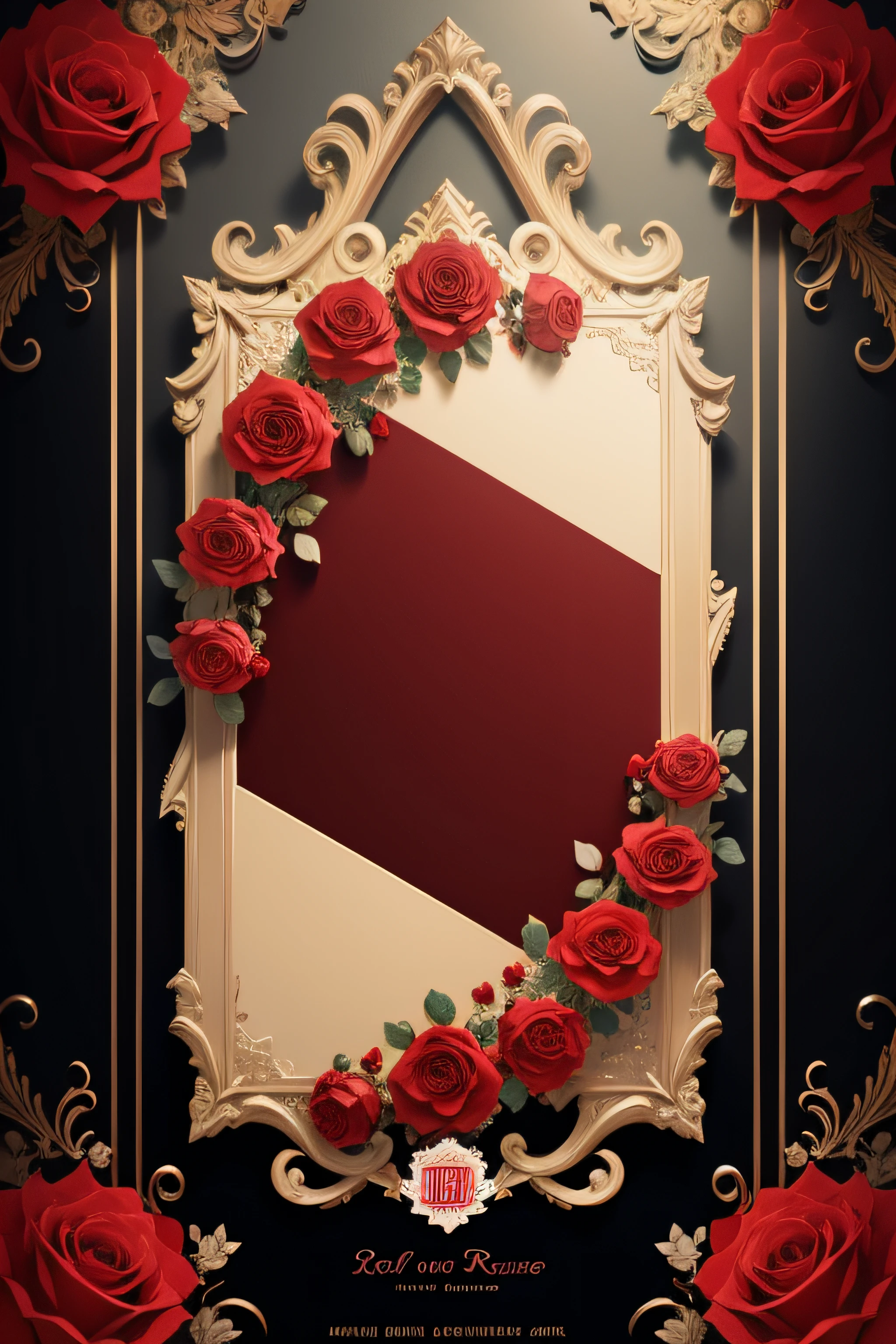 create a royale 2d, red roses design frame aesthetic type using a soft colour palette vintage aesthetic for wedding card design template, high details 4k