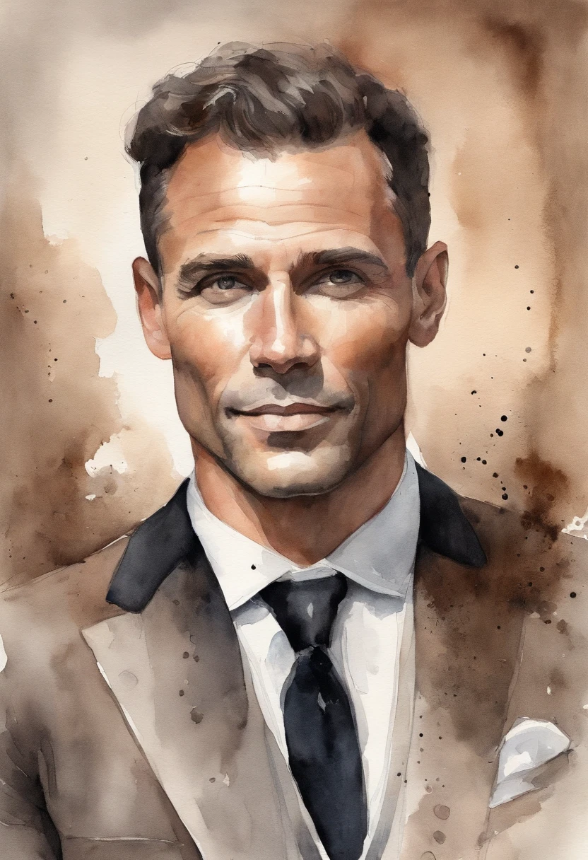 Cinematic portrait photo of a handsom man, tall and fit, 40 years old, (shaven:1.2) , short curly brown hair. dark brown tight velvet suit, (the jacket has black flower patterns:1.2). Stacia Burlington style, watercolor, soft color, Serene face, close-up, Vintage images