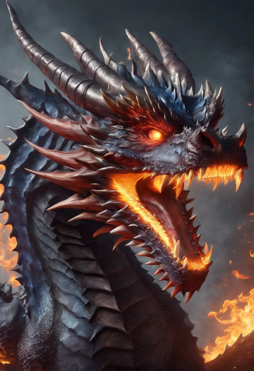 Generate a highly detailed and realistic close-up photo of a dragon's face as it breathes blue fire from its mouth. The dragon should have intricate scales with a mix of dark and iridescent colors, and its eyes should be fierce and glowing. The blue flames erupting from its mouth should be vividly bright, casting an otherworldly glow on the dragon's face and highlighting the texture of its scales and features. Smoke and sparks should be visible around the fire, adding to the intensity of the scene. The background is dark and slightly blurred to keep the focus on the dragon's face and the blue flames. This photo should capture the raw power and majesty of the dragon, with a hyper-realistic level of detail that makes the scene both awe-inspiring and intimidating.