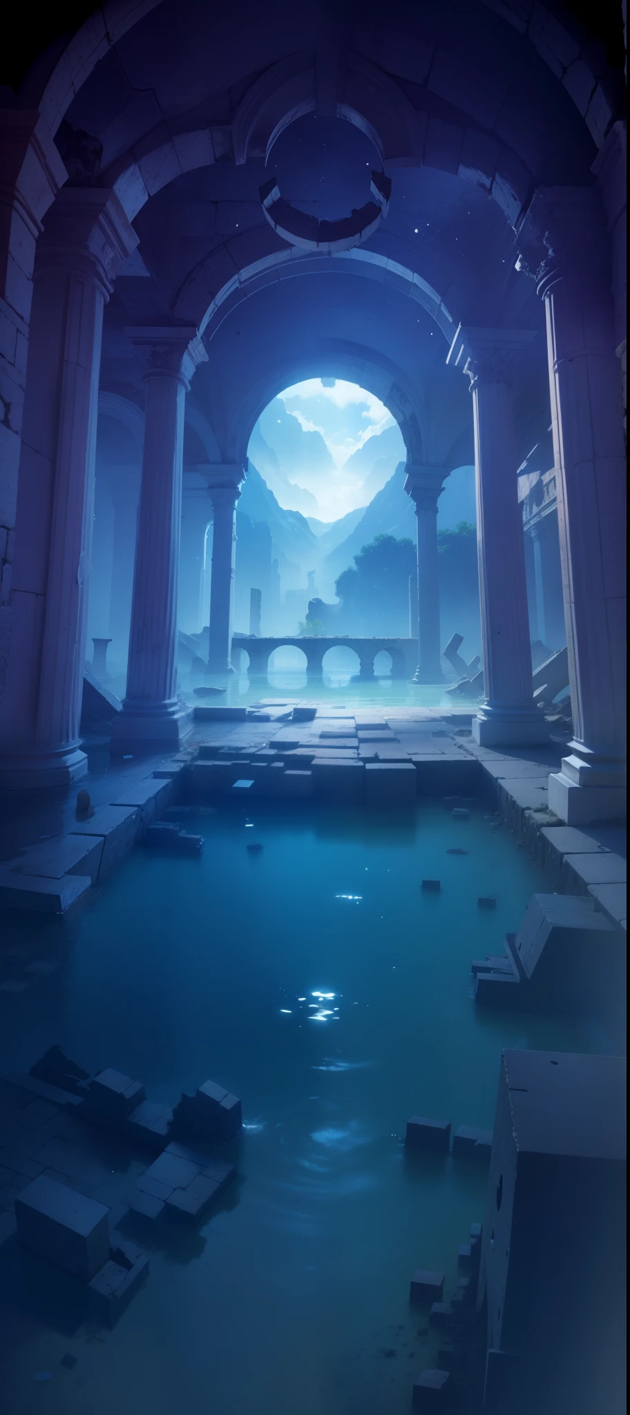 Ruins within ruins,Breakage,The ground is broken,Ground,submerged in water,Sparkling water surface