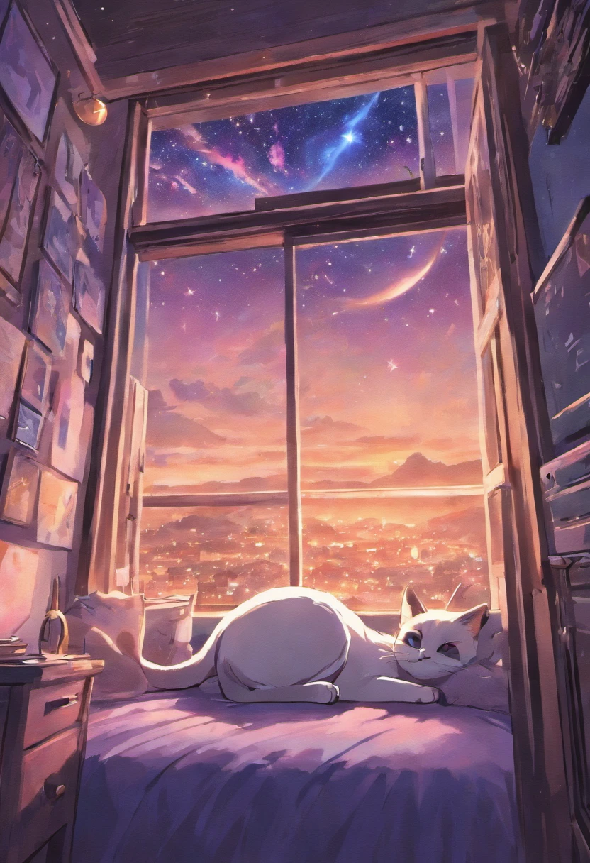 Kawaii room with a Siamese cat stored in bed computer window gamer with stars in the sky