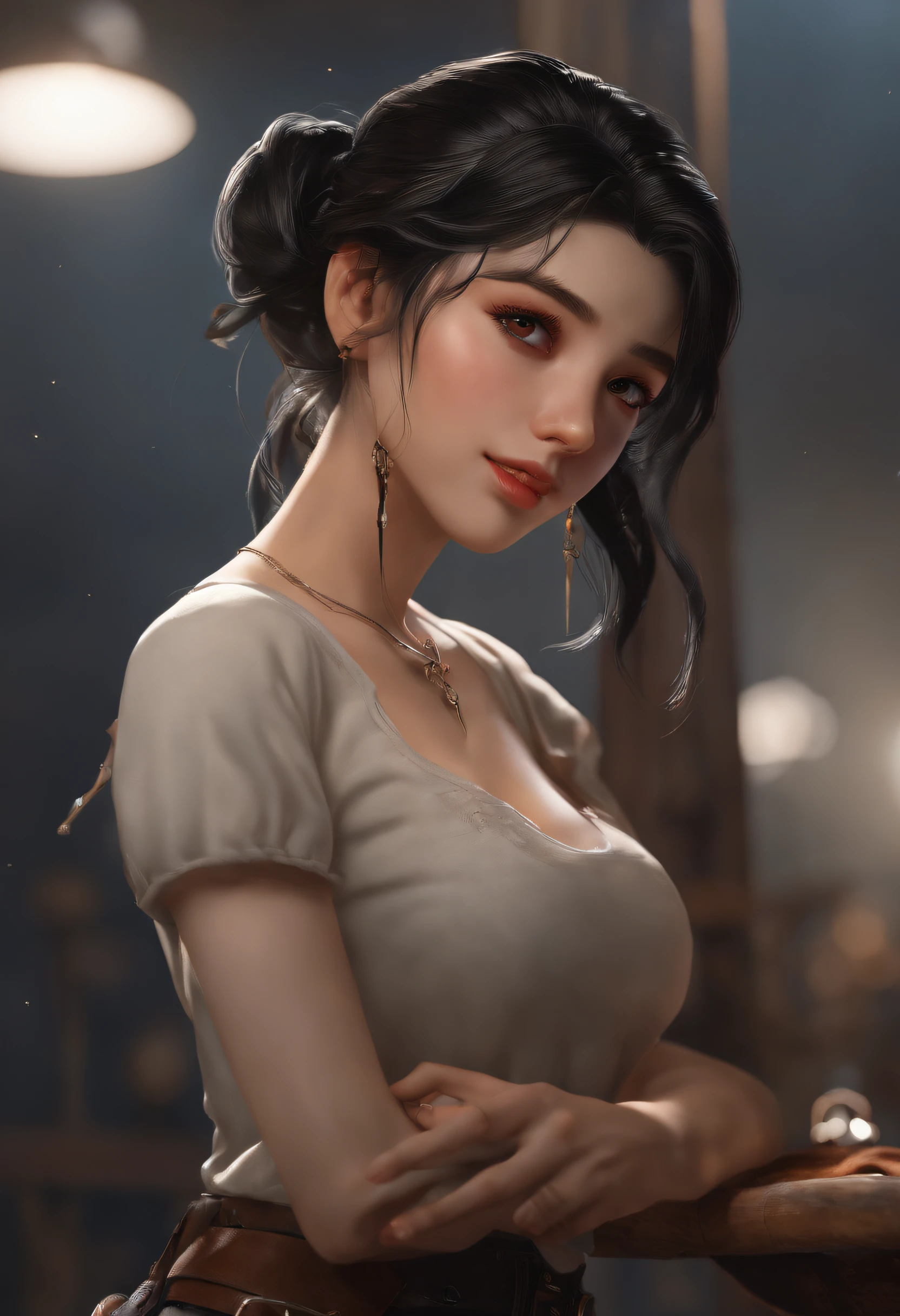 JK skirt, black hair, ahoge, ponytail, twintails, sidelocks, wet hair, mole under eye, heart-shaped pupils, light smile, Contemporary art, cowboy shot, from side, anatomically correct, super detail, high details, highres