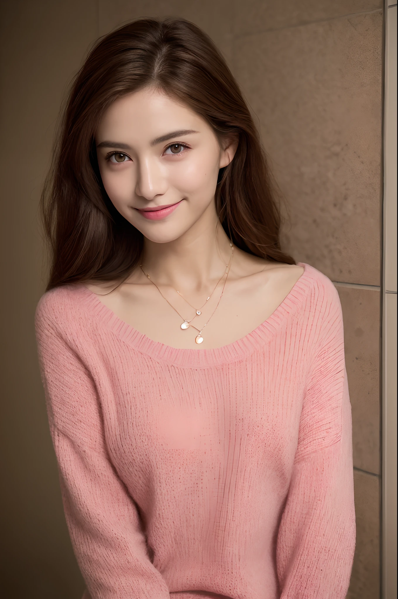 ((Night, Realistic Light, Best Quality, 8K, Masterpiece: 1.3)), 1girl, Slim Beauty: 1.4, Abs: 1.1, (Brown hair, Medium breasts: 1.3), Long pink sweater: 1.1, Bathroom, Super fine face, Delicate eyes, Double eyelids, smile, necklace