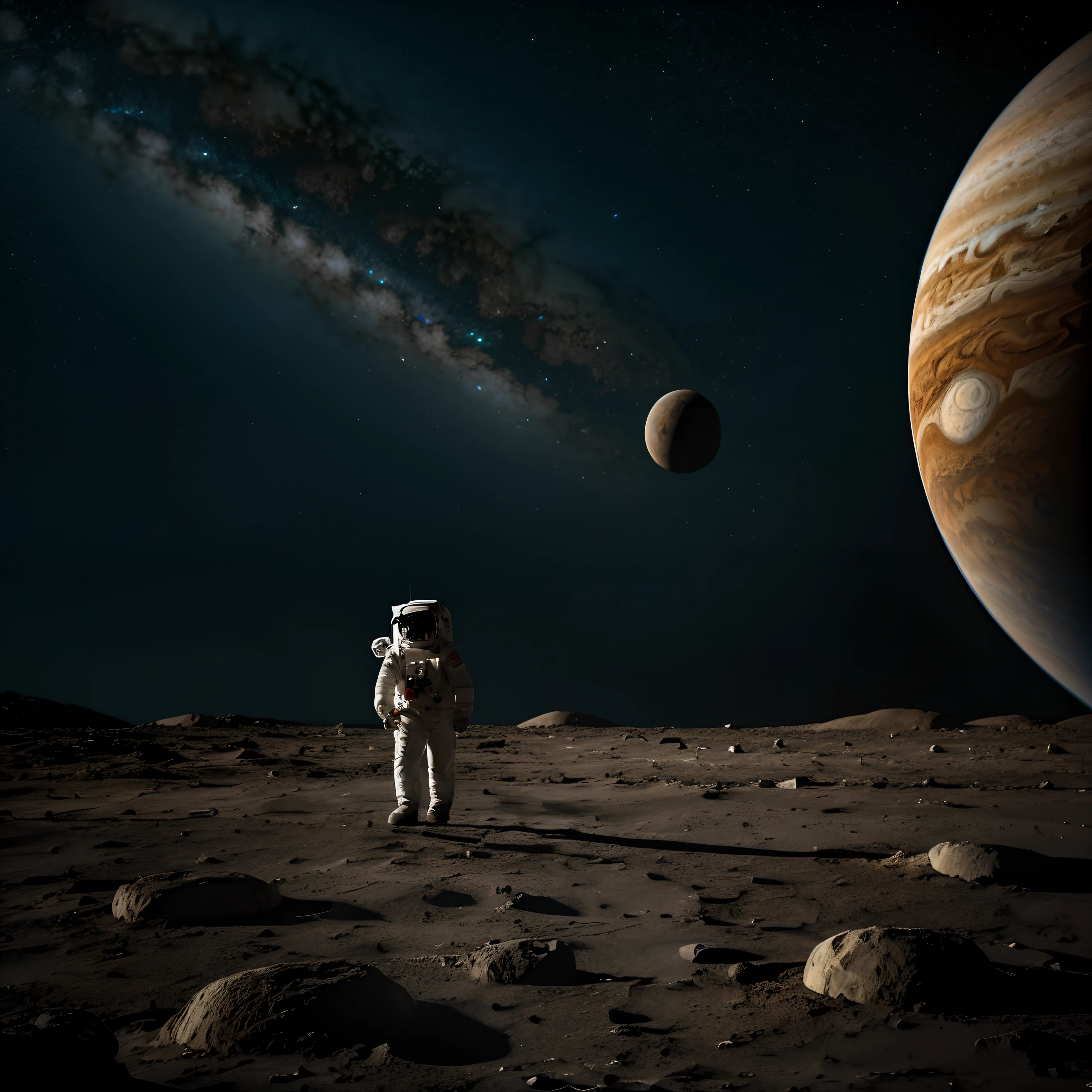 lonely astronaut, 8K, hyper HD, Walking on Jupiter,The background is the Earth,Alone,