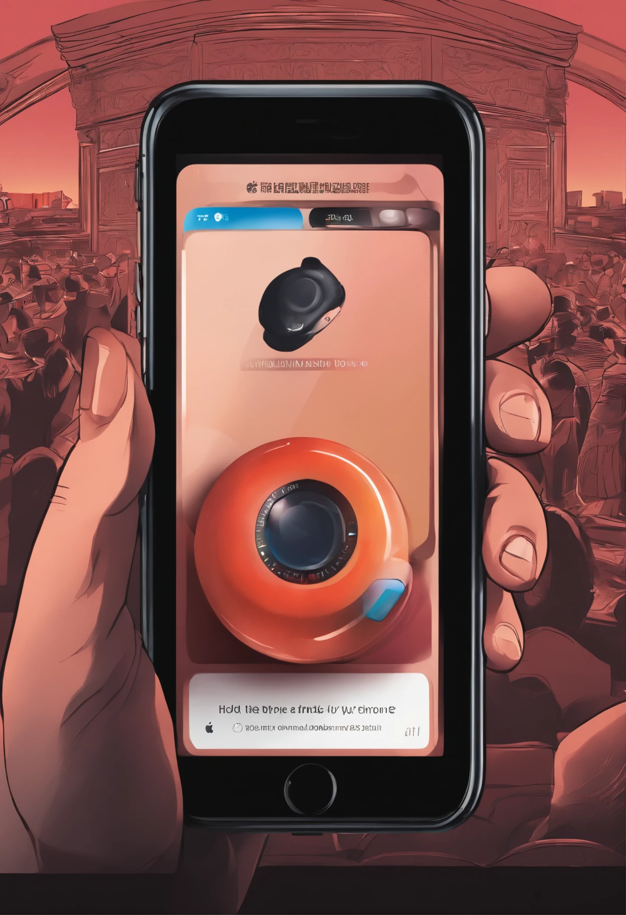Hold the phone in your hand,Apple 14 phone,Inside the screen is a live stream,Holding the phone in hand is trying,Illustration style,The background is divergent