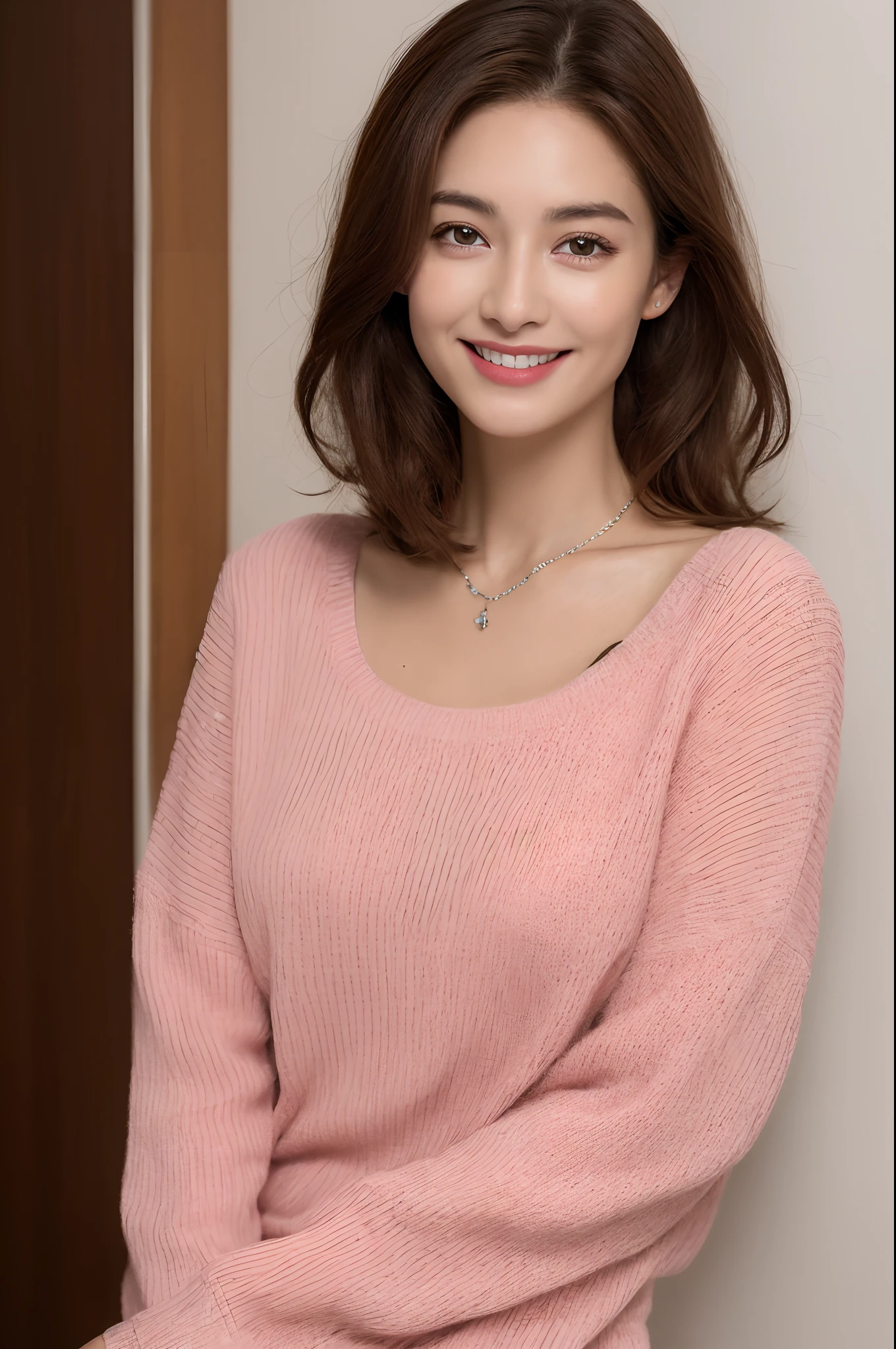 ((Night, Realistic Light, Best Quality, 8K, Masterpiece: 1.3)), 1girl, Slim Beauty: 1.4, Abs: 1.1, (Brown hair, Medium breasts: 1.3), Long pink sweater: 1.1, Bathroom, Super fine face, Delicate eyes, Double eyelids, smile, necklace