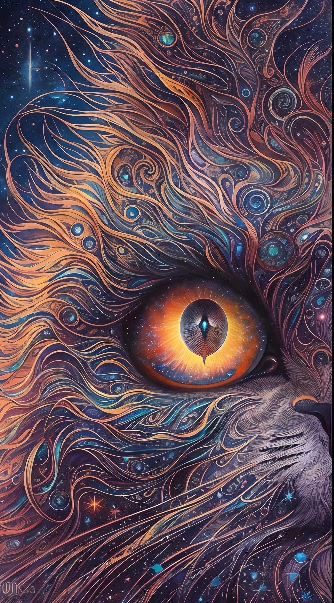 A galactic cat with a lot of hair on its head, Third eye, Faraway view，Gaze at something in the distance, Intricate details, electric, Fantasy art, anato finnstark, Emulsion coating, Highly detailed, Fuzzy Rutkovsky, hdr, ultra - detailed, rim-light, Faded, Dim