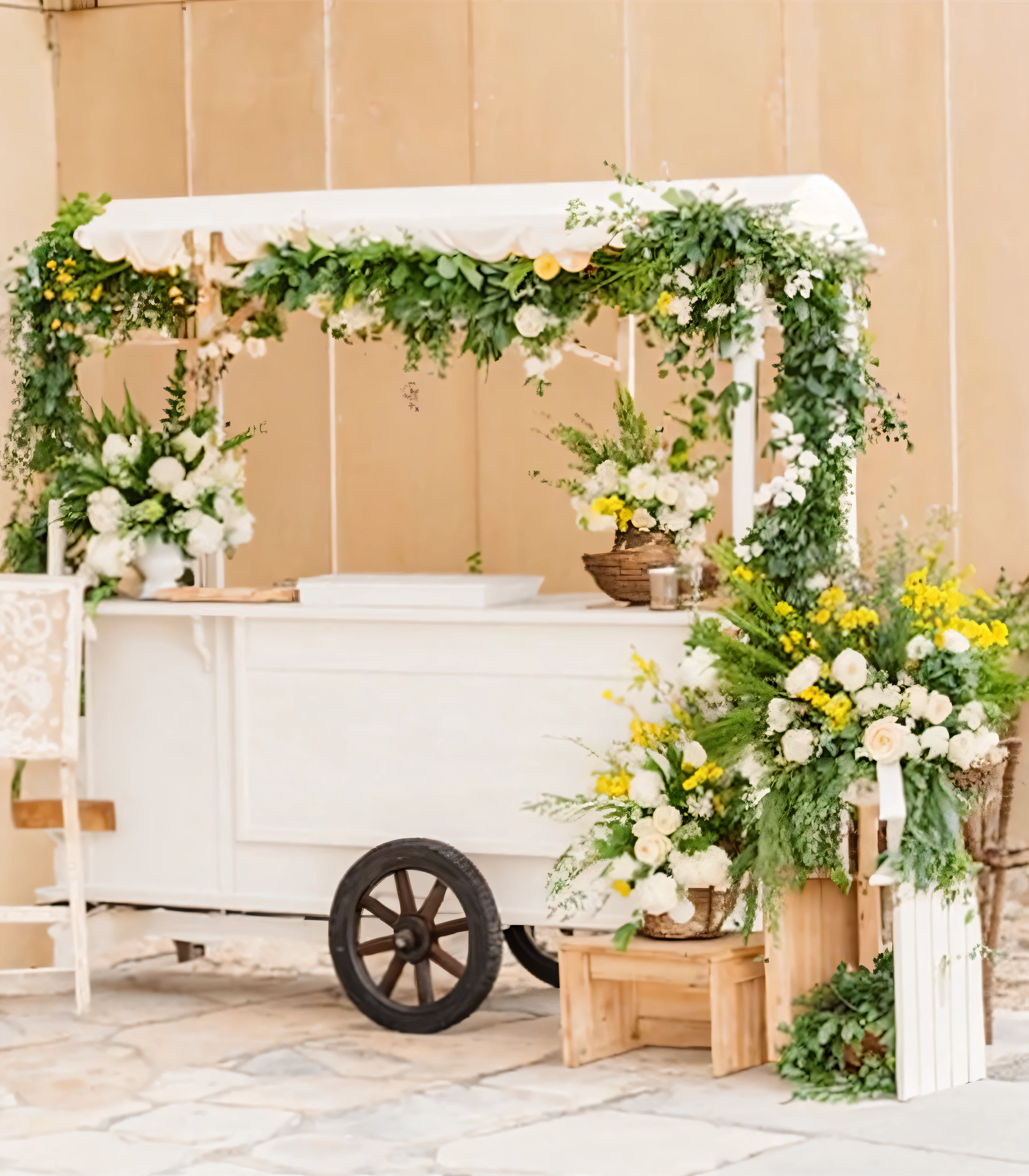 There was a small cart，There are flowers and plants on it, floral decorations, forest theme, Rustic, Decorated with flowers, romantic greenery, with flowers and plants, romantic motifs, Fondo pintado floral, with colorful flowers and plants, Fully decorated, white and yellow scheme, fantasy themed, Whimsical, Wedding, cream and white color scheme, covered with flowers, Rustic setting