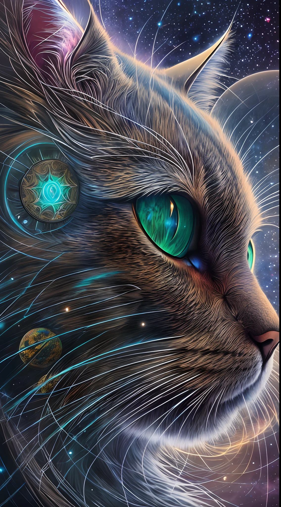 A galactic cat with a lot of hair on its head, Third eye, Faraway view，Gaze at something in the distance, Intricate details, electric, Fantasy art, anato finnstark, Emulsion coating, Highly detailed, Fuzzy Rutkovsky, hdr, ultra - detailed, rim-light, Faded, Dim