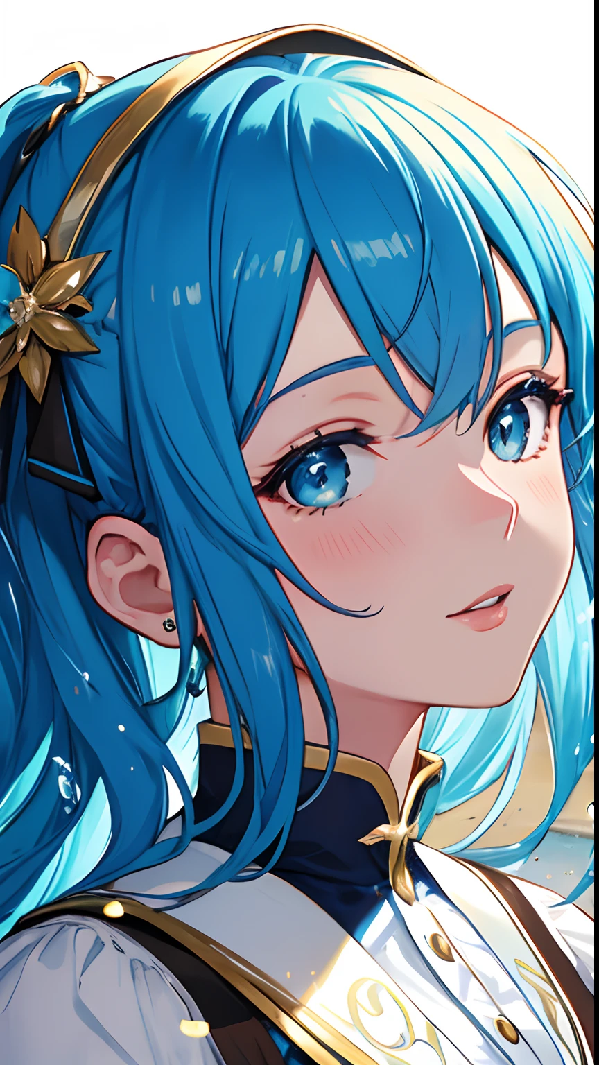 (masuter piece,Best Quality,Ultra-detailed), (A detailed face), Movie Posters, hight resolution, (1 girl in), (Fashionable clothes), fashion modell, Look at viewers,(simple background), lightblue hair, Two-tone hair, bangss, Gold Eye, Magic School Uniform,Delicate beautiful face, Planktonic, (a high chroma), (colorful water splash), (SHINES), The best lighting