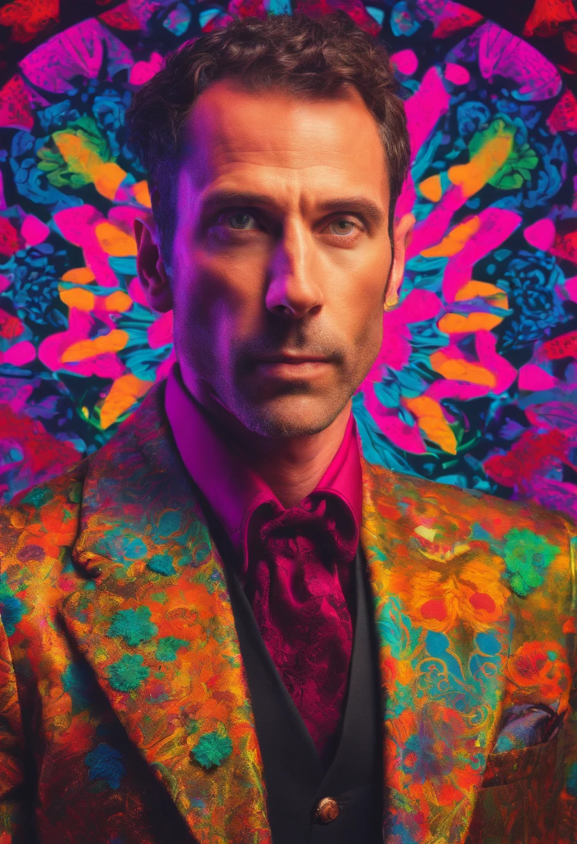 Cinematic portrait  photo, of a handsom man, tall and fit, 40 years old, (shaven:1.4) , short curly brown hair. dark brown tight velvet suit, (the jacket has black flower patterns:1.2). transgressive art, sharp focus, 8 k, octane render , saturated colors, pastel colors