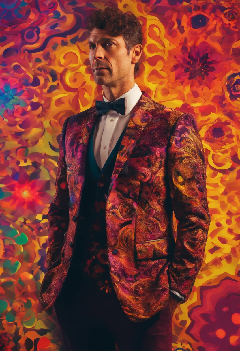 Cinematic portrait  photo, of a handsom man, tall and fit, 40 years old, (shaven:1.4) , short curly brown hair. dark brown tight velvet suit, (the jacket has black flower patterns:1.2). transgressive art, sharp focus, 8 k, octane render , saturated colors, pastel colors