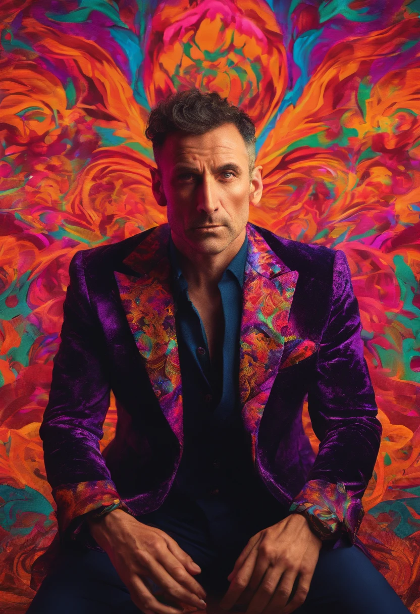 Cinematic portrait photo, of a handsom man, tall and fit, 40 years old, (shaven:1.4) , short curly brown hair. dark brown tight velvet suit, (the jacket has black flower patterns:1.2). transgressive art, sharp focus, 8 k, octane render , saturated colors, pastel colors