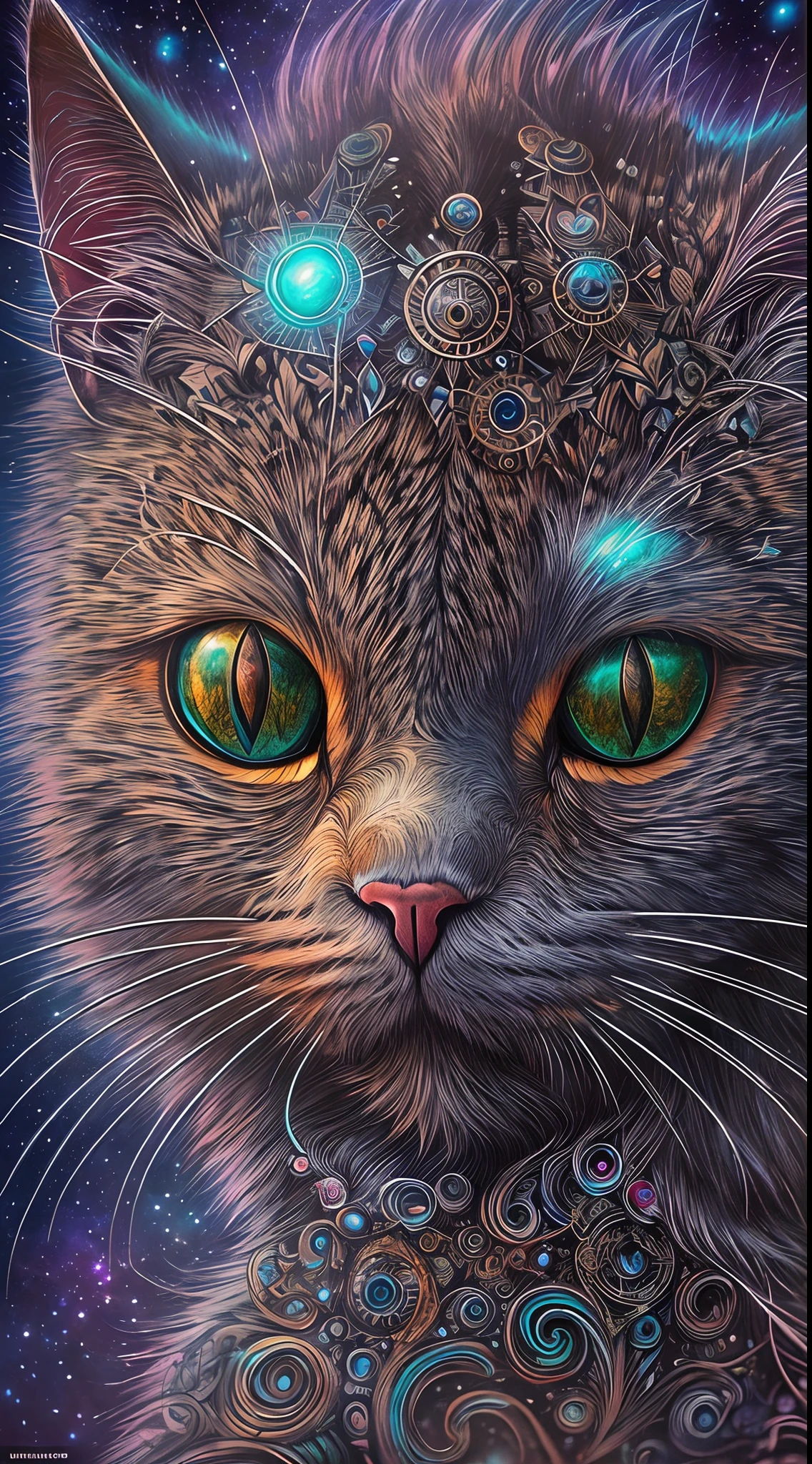 A galactic cat with a lot of hair on its head, Third eye, Faraway view,Gaze at something in the distance, Intricate details, electric, Fantasy art, anato finnstark, Emulsion coating, Highly detailed, Fuzzy Rutkovsky, hdr, ultra - detailed, rim-light, Faded, Dim