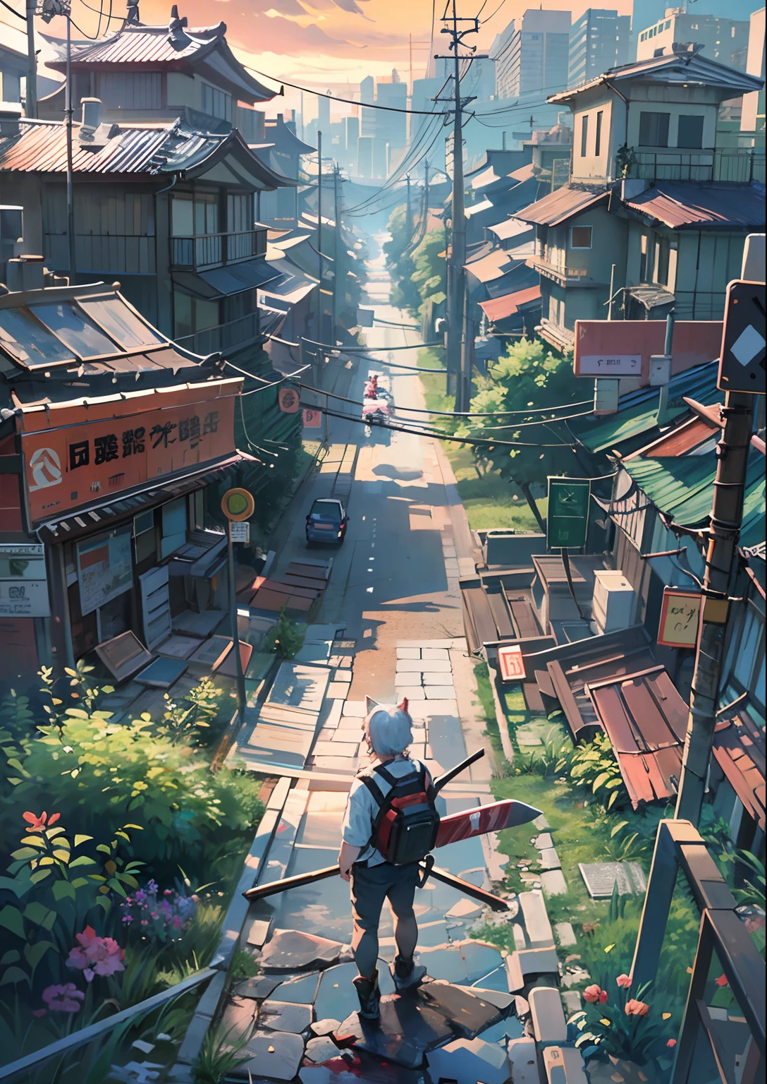 1boy,Man's ,Cyberpunk Boy、katanas,machine gun、Cat's ears、silber hair、poneyTail、Whole body bloody、The beginning of the adventure、during daytime、Into the cloud、contrail、ruined and devastated city、Japan buildings、railroad crossing、Trees、Warm lighting、puddles、Good old Japan landscape、Beautiful and fantastic summer landscape、Cinematic scenery、hightquality、masutepiece,8K、hight resolution、ultra-detailliert,