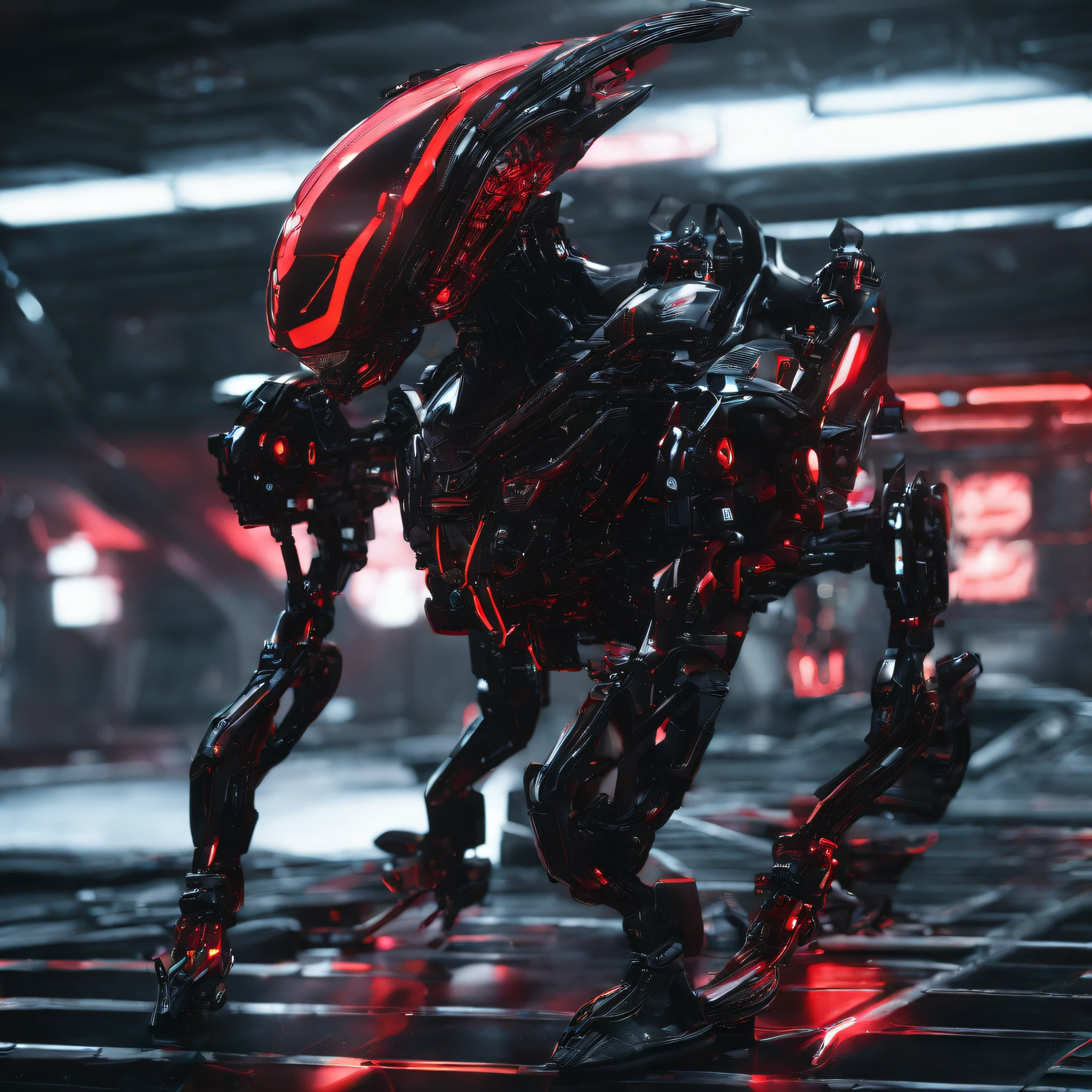 An alien，Solo，full bodyesbian，Humanoid，mechs，(Wearing inky black clothes/Mecha with red zirconia ceramic surface:1.5)，(((Hard surface properties)))，(((streamlined line design)))，It has refined features in a sci-fi environment,with light glowing, Sparks and lights, best qualtiy，tmasterpiece，Photorealsitic, Highly detailed, iintricate，unreal 5 render，