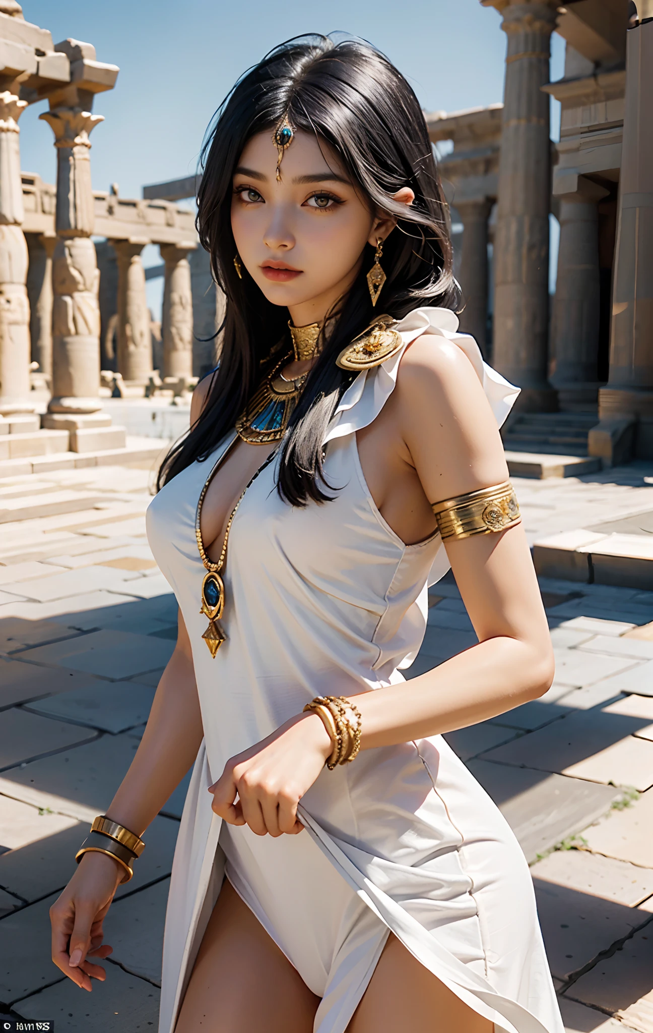 (Ancient Egyptian temples:1 girl with black hair,An Egyptian princess), tmasterpiece, best qualtiy, RAW photogr, realisticlying, the face, Incredibly Ridiculous res,, ear studs, (flowing long black hair),eye shadows,Authentic ancient Egyptian white long dress,Jewelry in ancient Egyptian style,leg loops,depth of fields, A high resolution, ultra - detailed, filigree, RAWE is very detailed, very detailed eyes and faces, Sharp pupils, realistic pupil, tack sharp focus, cinmatic lighting,full bodyesbian,Bigboobs,long leges,From the front side,Desert Egyptian Temple,Nile River,dynamicposes,Normal posture