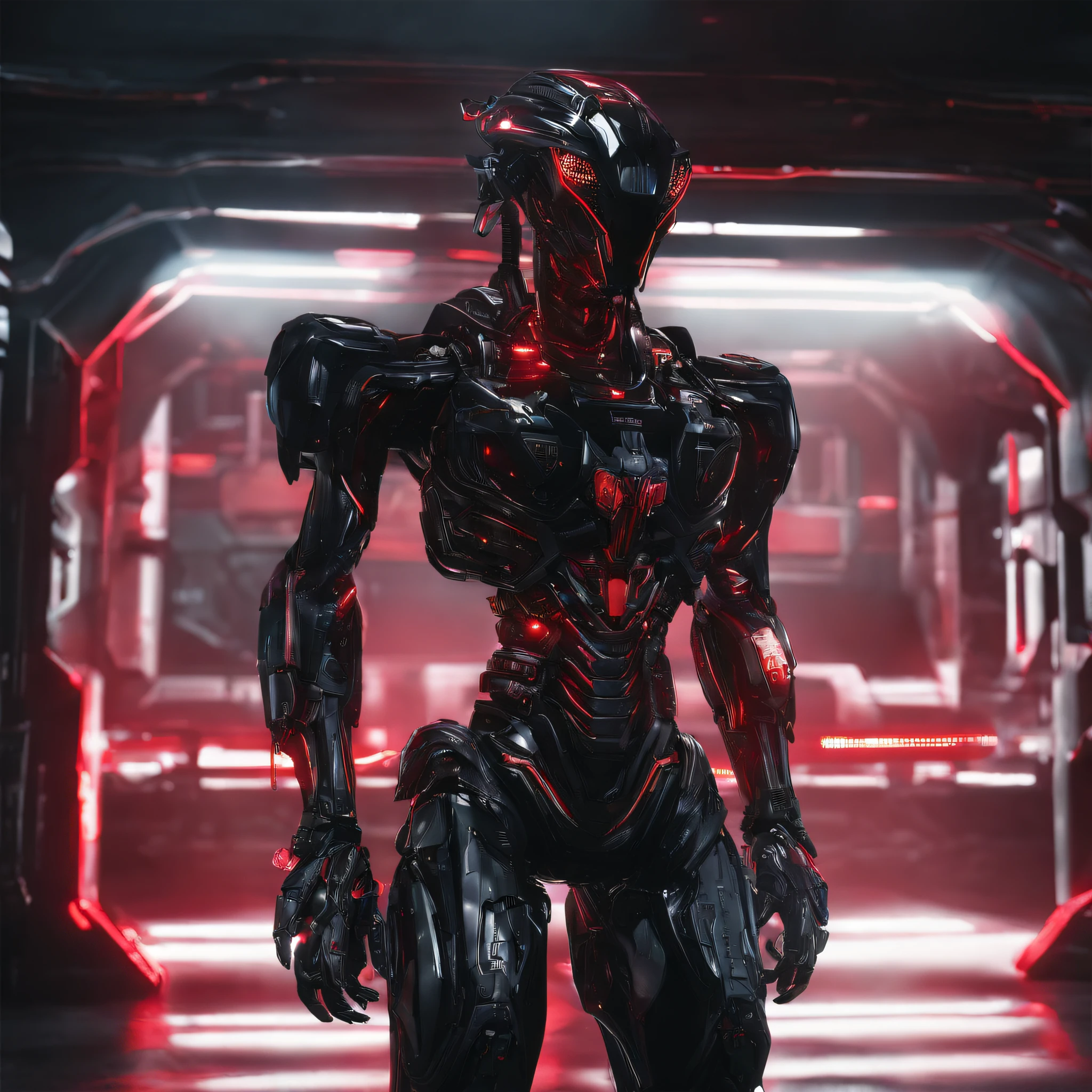 An alien，Solo，full bodyesbian，Humanoid，mechs，(Wearing inky black clothes/Mecha with red zirconia ceramic surface:1.5)，(((Hard surface properties)))，(((streamlined line design)))，It has refined features in a sci-fi environment,with light glowing, Sparks and lights, best qualtiy，tmasterpiece，Photorealsitic, Highly detailed, iintricate，unreal 5 render，