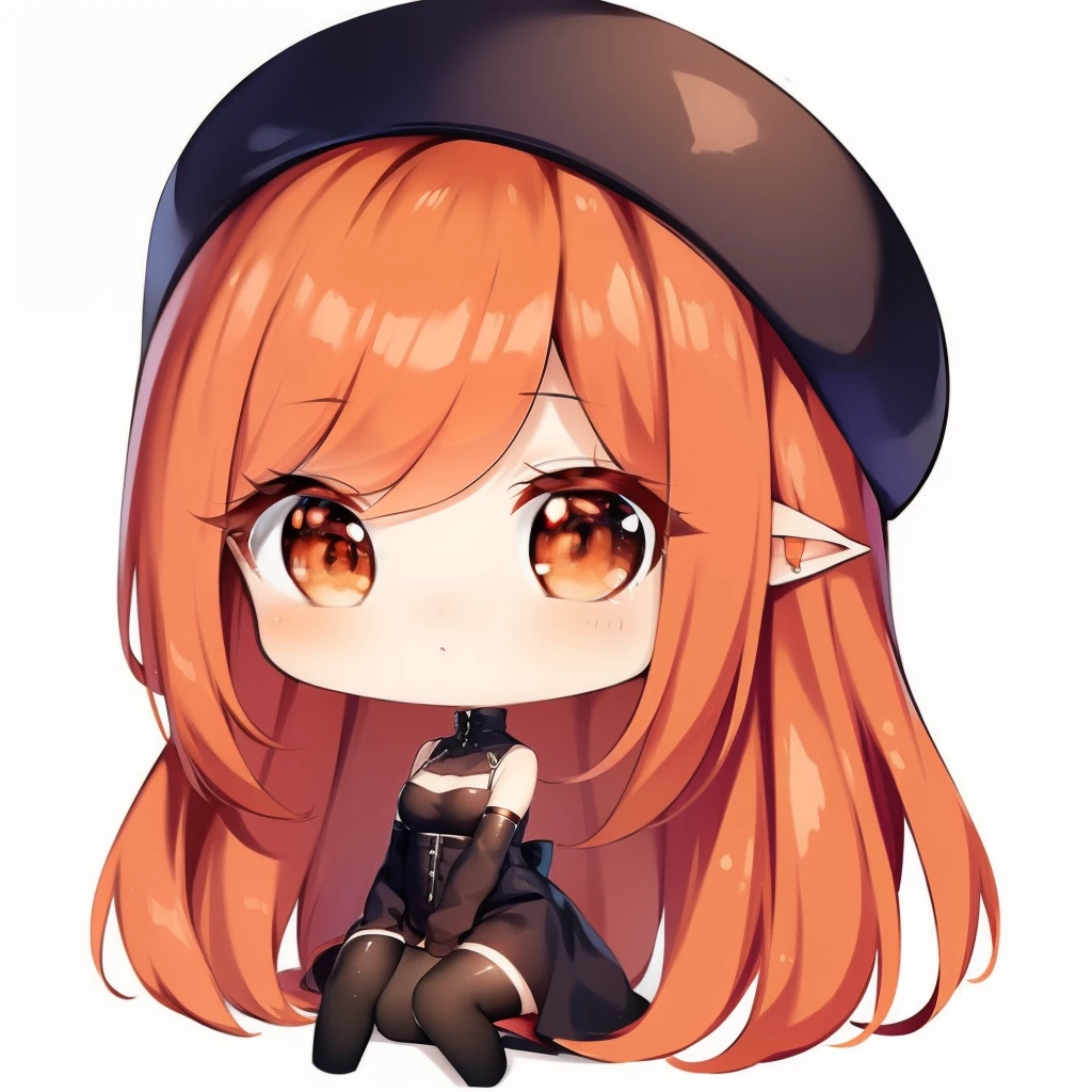 masterpiece, detail, soft lighting, long redhead goth cat girl, orange-eyed chibi, white background, simple background