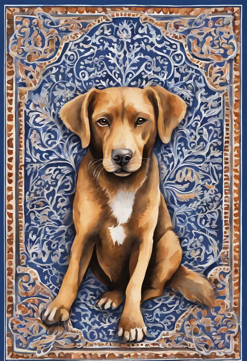 the dog is in bluein this paper cut illustration, in the style of eastern-inspired motifs, lith printing, eye-catching tags, precisionist lines, light purple and cblue, clean and sharp inking, terracotta medallions