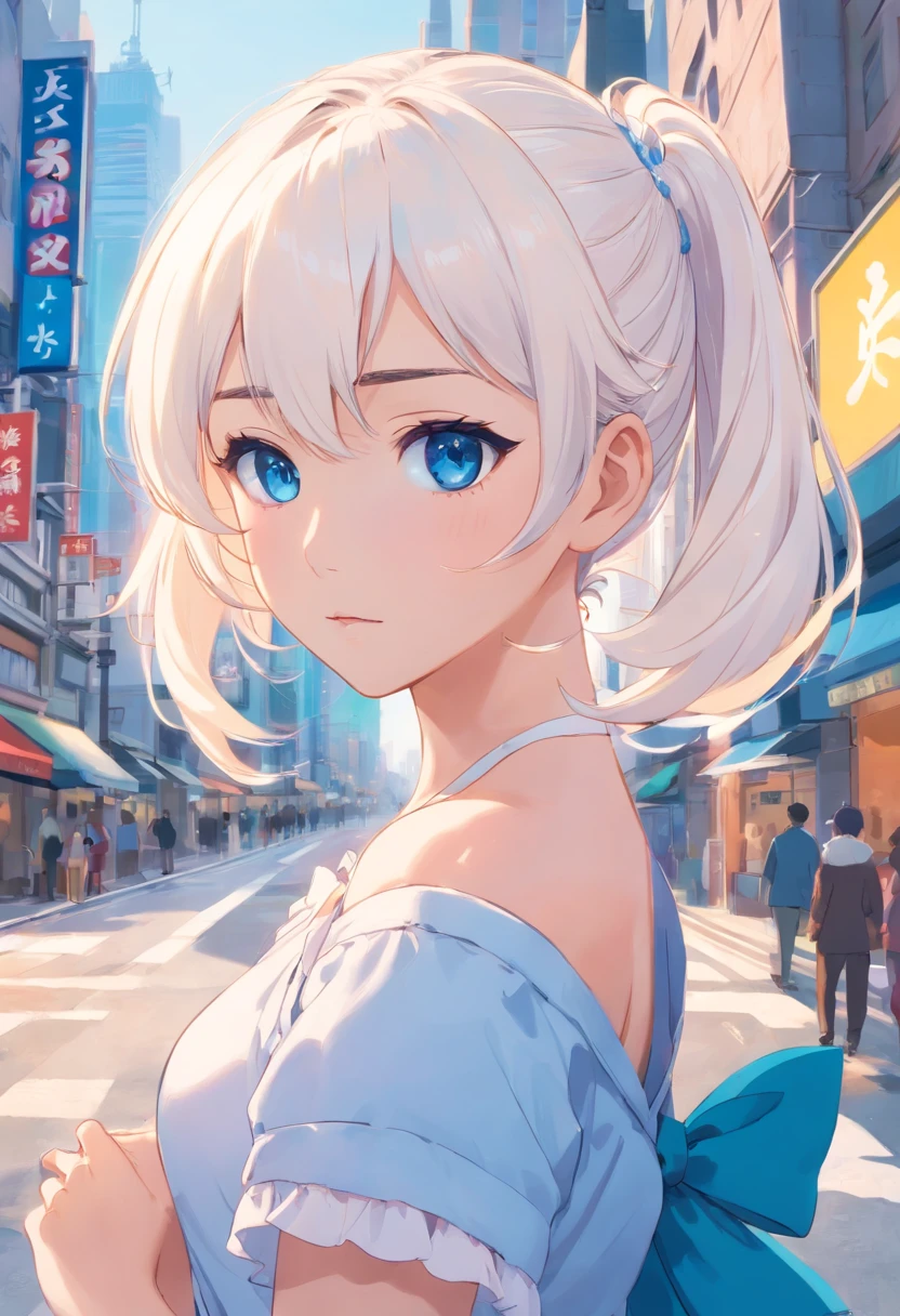 White color hair，Double ponytail curls，blue color eyes，White Lolita，Beth，A bustling city street，The chest is large，male people。