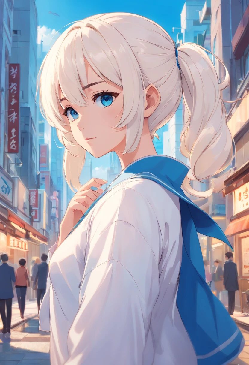White color hair,Double ponytail curls,blue color eyes,White ta,Beth,A bustling city street,The chest is large,male people。