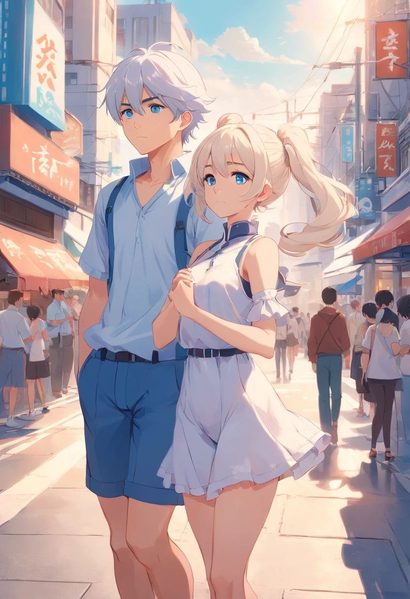 White color hair，Double ponytail curls，blue color eyes，White Lolita，Beth，A bustling city street，The chest is large，male people。