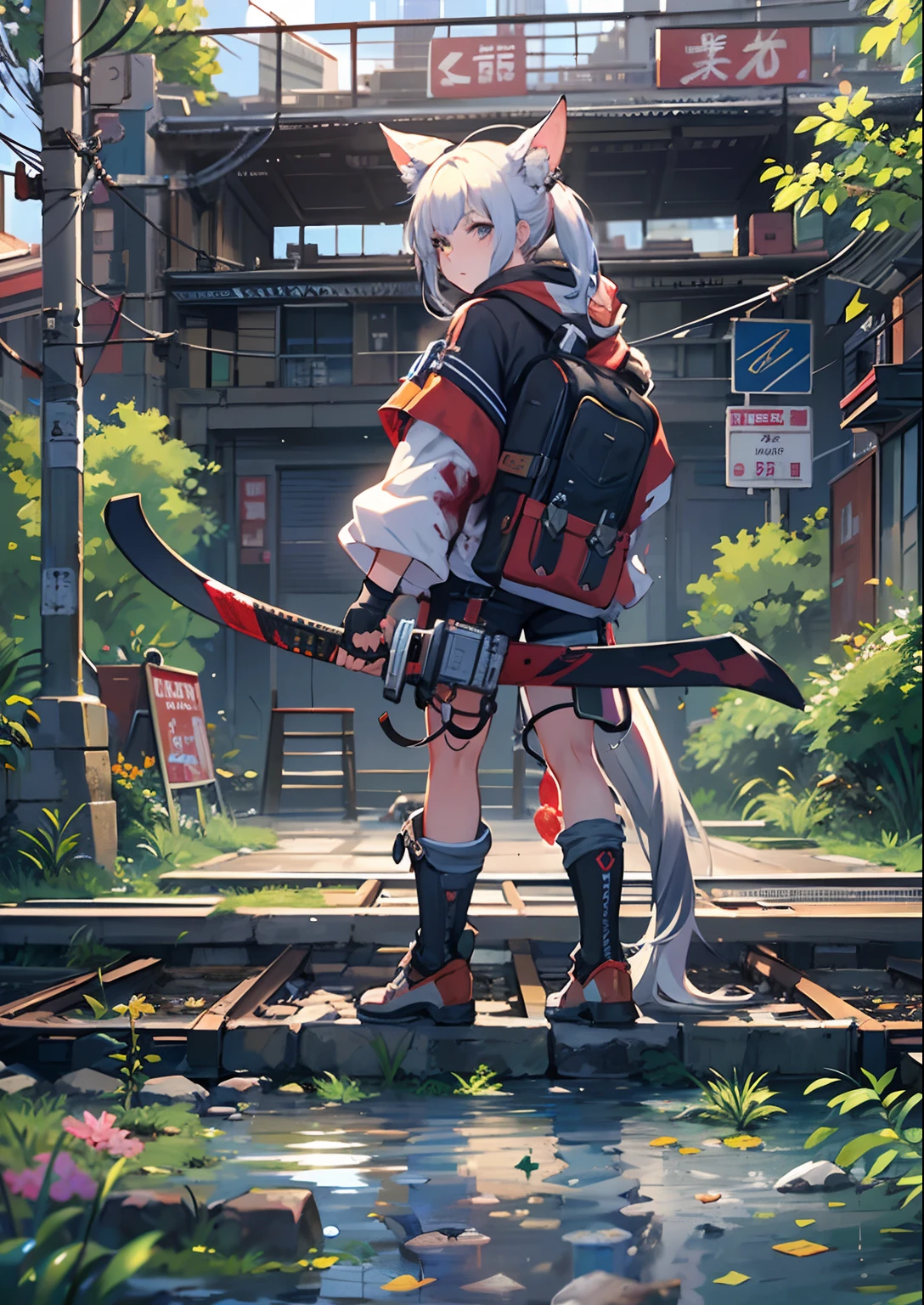 1boy,Man's ,Cyberpunk Boy、katanas,machine gun、Cat's ears、silber hair、poneyTail、Whole body bloody、The beginning of the adventure、during daytime、Into the cloud、contrail、ruined and devastated city、Japan buildings、railroad crossing、Trees、Warm lighting、puddles、Good old Japan landscape、Beautiful and fantastic summer landscape、Cinematic scenery、hightquality、masutepiece,8K、hight resolution、ultra-detailliert,