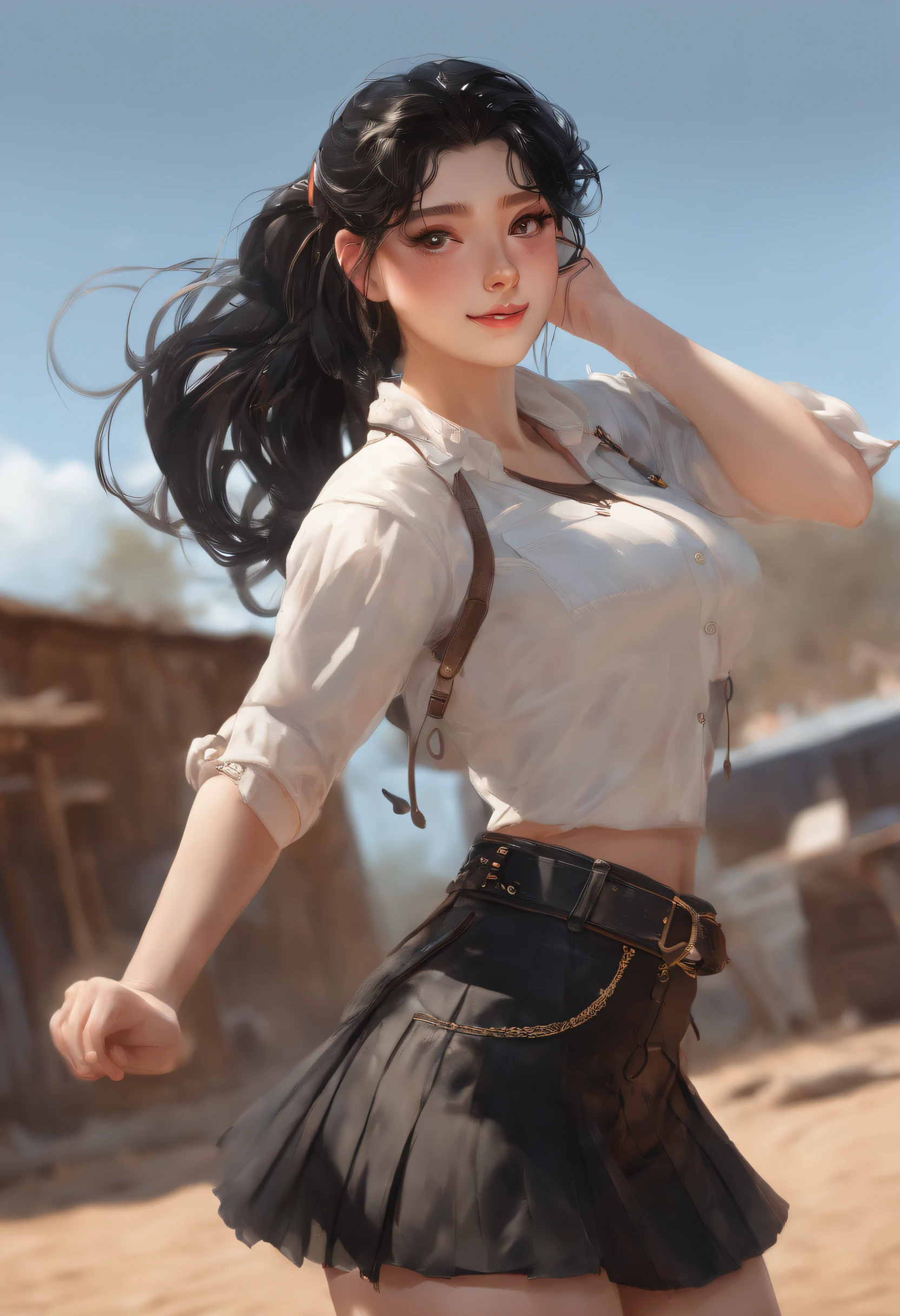 JK skirt, black hair, ahoge, ponytail, twintails, sidelocks, wet hair, mole under eye, heart-shaped pupils, light smile, Contemporary art, cowboy shot, from side, anatomically correct, super detail, high details, highres