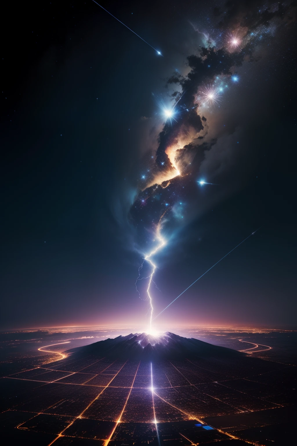 electronic light,lightning, star \(sky\), starry sky, cloud, constellation, city lights, starry sky print, planet, fireworks, campfire, earth \(planet\), twilight, crescent moon, starry background,, projectile cum, splashing, cityscape, telescope