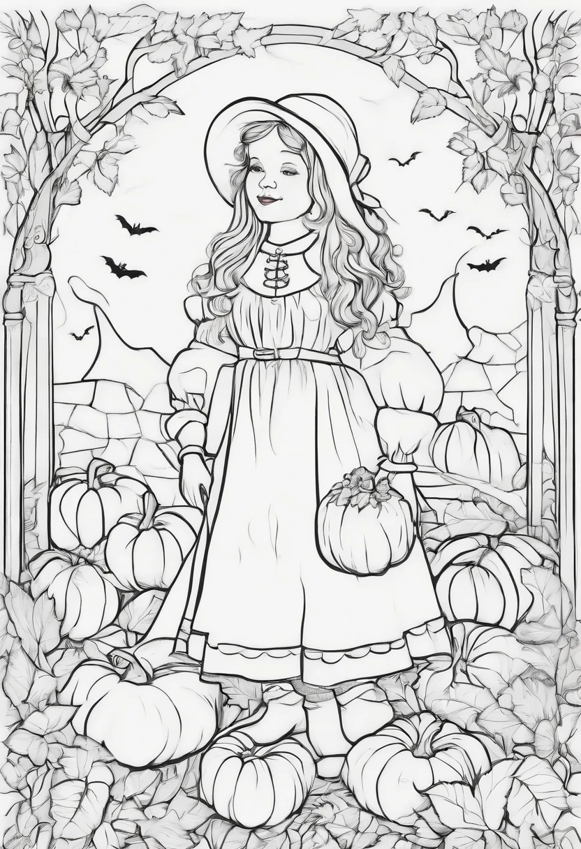 b/w outline art for kids coloring book page halloween Kids Kids coloring pages, full white, kids style, white background, whole body, Sketch style, full body (((((white background))))), only use outline., cartoon style, line art, coloring book, clean line art, white background, Sketch style