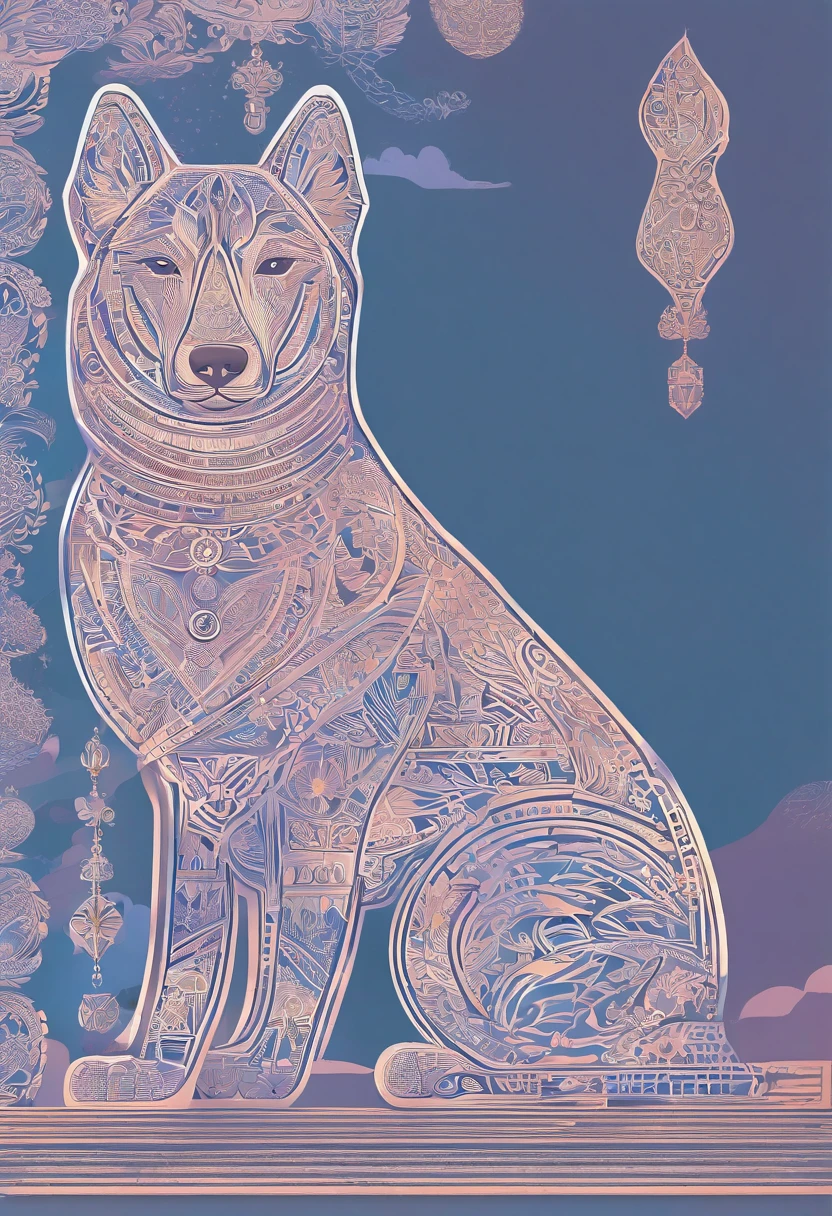 the dog is in bluein this paper cut illustration, in the style of eastern-inspired motifs, lith printing, eye-catching tags, precisionist lines, light purple and cblue, clean and sharp inking, terracotta medallions