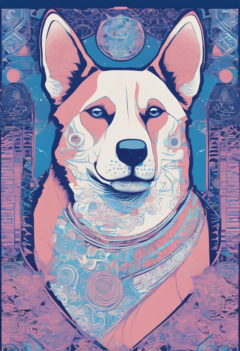 the dog is in bluein this paper cut illustration, in the style of eastern-inspired motifs, lith printing, eye-catching tags, precisionist lines, light purple and cblue, clean and sharp inking, terracotta medallions