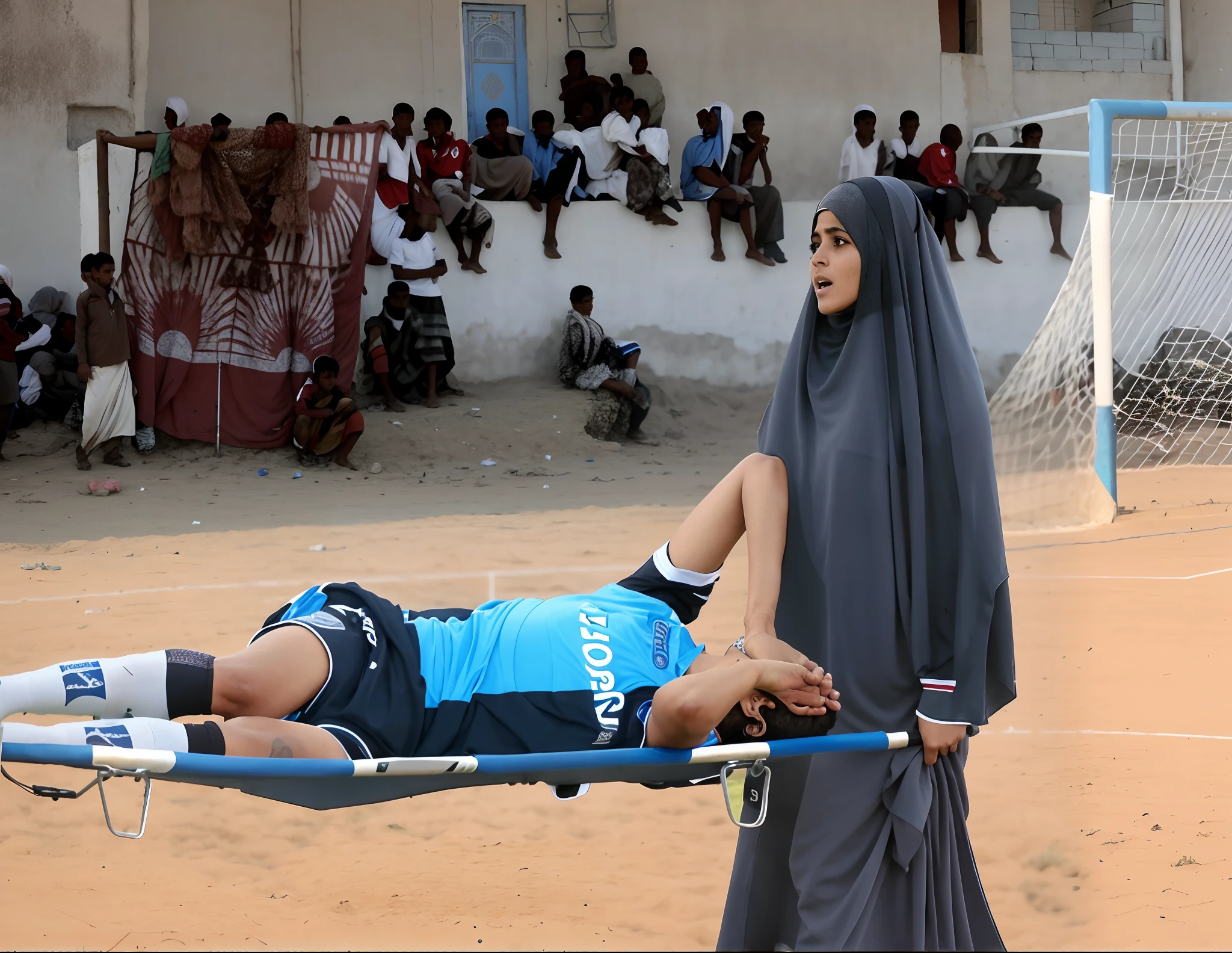a soccer scene in a stadium in yemen with a dusty brown pitch, a veiled yemeni woman in a black high-gloss plastic hijab walks in front of us with an angry face and an extremely horrified and desperate expression from right to left across the dusty soccer field, the yemeni woman carries in a horizontal orientation a stretcher on which an injured footballer lies in dull and dusty blue sportswear, the footballer lies sideways on the stretcher with his legs slightly bent and his torso towards us and has both arms bent and hands in front of his face, the footballer's head on the trage lies close to the yemeni woman's plastic hijab and is concealed by the footballer's akimbo arms and hands, the footballer in the mat cotton sportswear has his hands clasped in pain in front of his face and radiates an aura of pain and sorrow, the yemeni woman in the shiny black plastic hijab carries the injured soccer player on the stretcher, which she holds before our eyes over the dusty soccer field, in the background you can see the occupied stands of the yemeni soccer stadium, a soccer game in yemen, sports injury, transport on the stretcher, yemeni woman, high-resolution photo, ultra-realistic photo, photorealistic shot, super high-resolution and sharp photo, shiny black plastic burka, best shot, impressive winning photo, realistic shot, perfect shot, injured, intense moment