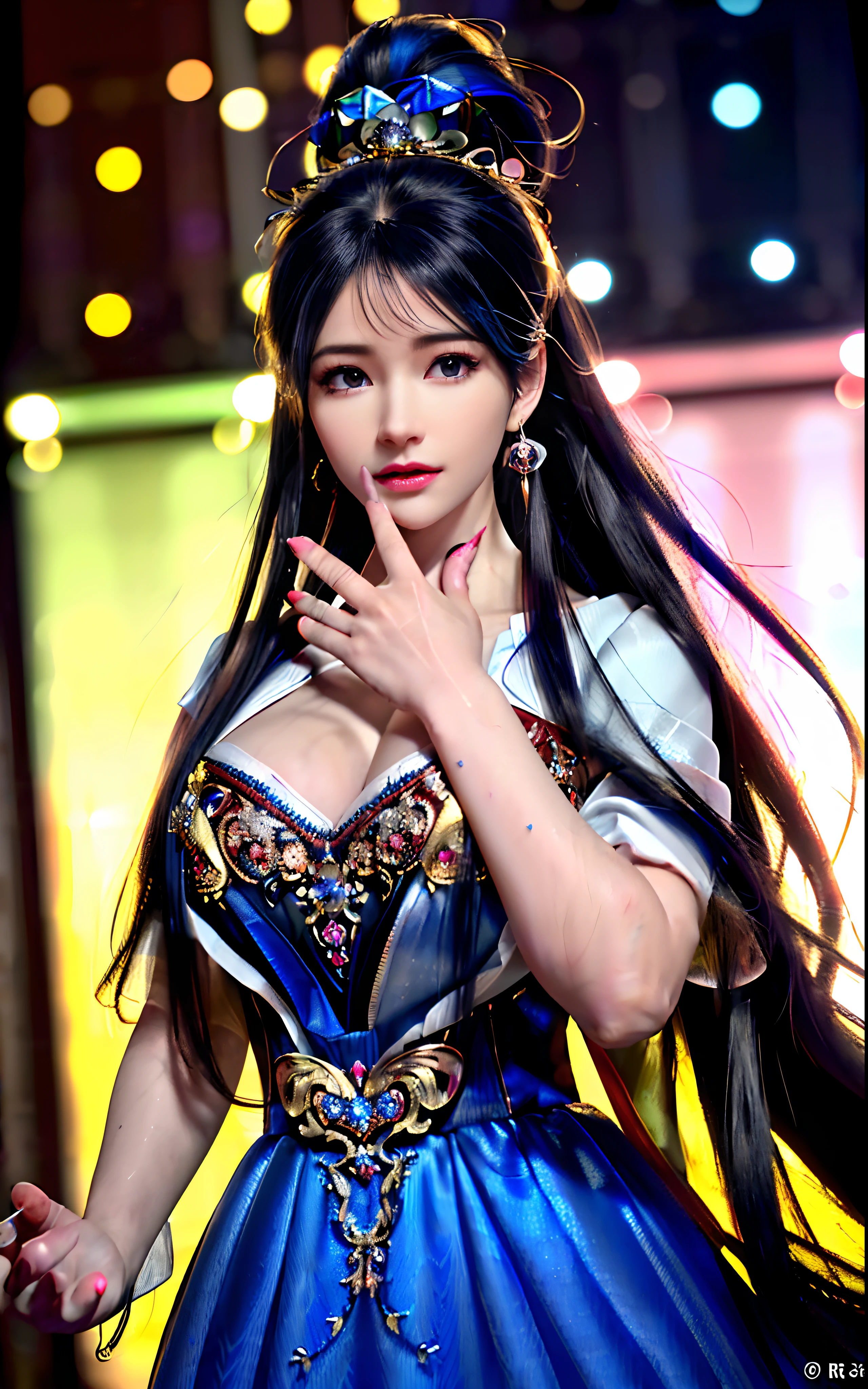 ((realisticity: 1.2)), ((realistic: 8K UHD)), ((best resolution: 8K UHD)), hyper detailed, best quality,masterpiece,highres,cg, ((1 girl hyper detailed and hyper realistic) ) , ((beautiful queen, hyper realistic and hyper detailed)),((white skin, beautiful, smooth, youthful, hyper realistic and hyper detailed )), ((Face hyper beautiful, white, hyper realistic and hyper detailed ) ), long hair, ((hyper realistic and hyper detailed dress)), solo, ((hyper realistic, hyper beautiful, beautiful and hyper detailed jewelry)), ((hyper beautiful deep red and golden yellow dress, hyper realistic and hyper detailed )) , ((Her pretty, hyper realistic, hyper detailed diamond filled earrings)), ((Her gorgeous diamond haircut, hyper realistic and hyper detailed)), ((hyper pretty upper body, hyper beautiful, hyper realistic and hyper detailed) ), ((medium breast: 1.1)), ((hyper realistic, hyper pretty, hyper detailed boobs)), ((the backgroun of the royal palace is hyper majestic, hyper realistic and hyper detailed)),((hands and palms hyper beautiful, hyper detailed, hyper realistic)), ((hyper detailed and hyper realistic fingers and fingernails)), ((hyper pretty fingernails, hyper vivid, hyper detailed, hyper realistic)), ((thumb, index finger, middle finger, ring finger, little finger hyper vivid, hyper pretty, hyper detailed, hyper realistic)),
((hyper beautiful fingers, hyper detailed, and hyper realistic)), ((posture not too fat and not too thin, hyper realistic, hyper detail)), ((hyper pretty, hyper pretty, hyper realistic and hyper detailed hair bun)), ((hyper pretty , hyper realistic and hyper detailed blue hair)), candid, Photo, high resolution, 8k , bokeh,