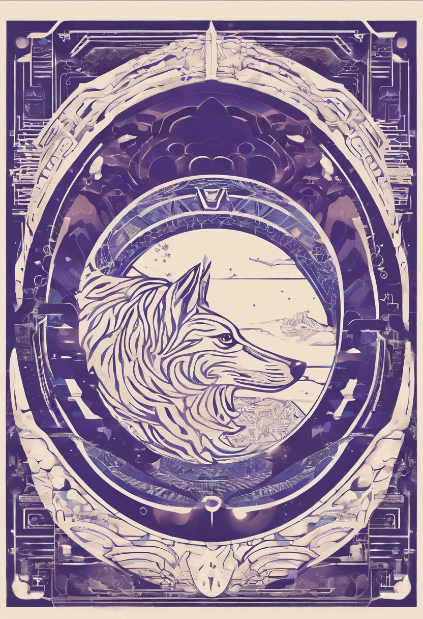 the dog is in bluein this paper cut illustration, in the style of eastern-inspired motifs, lith printing, eye-catching tags, precisionist lines, light purple and cblue, clean and sharp inking, terracotta medallions