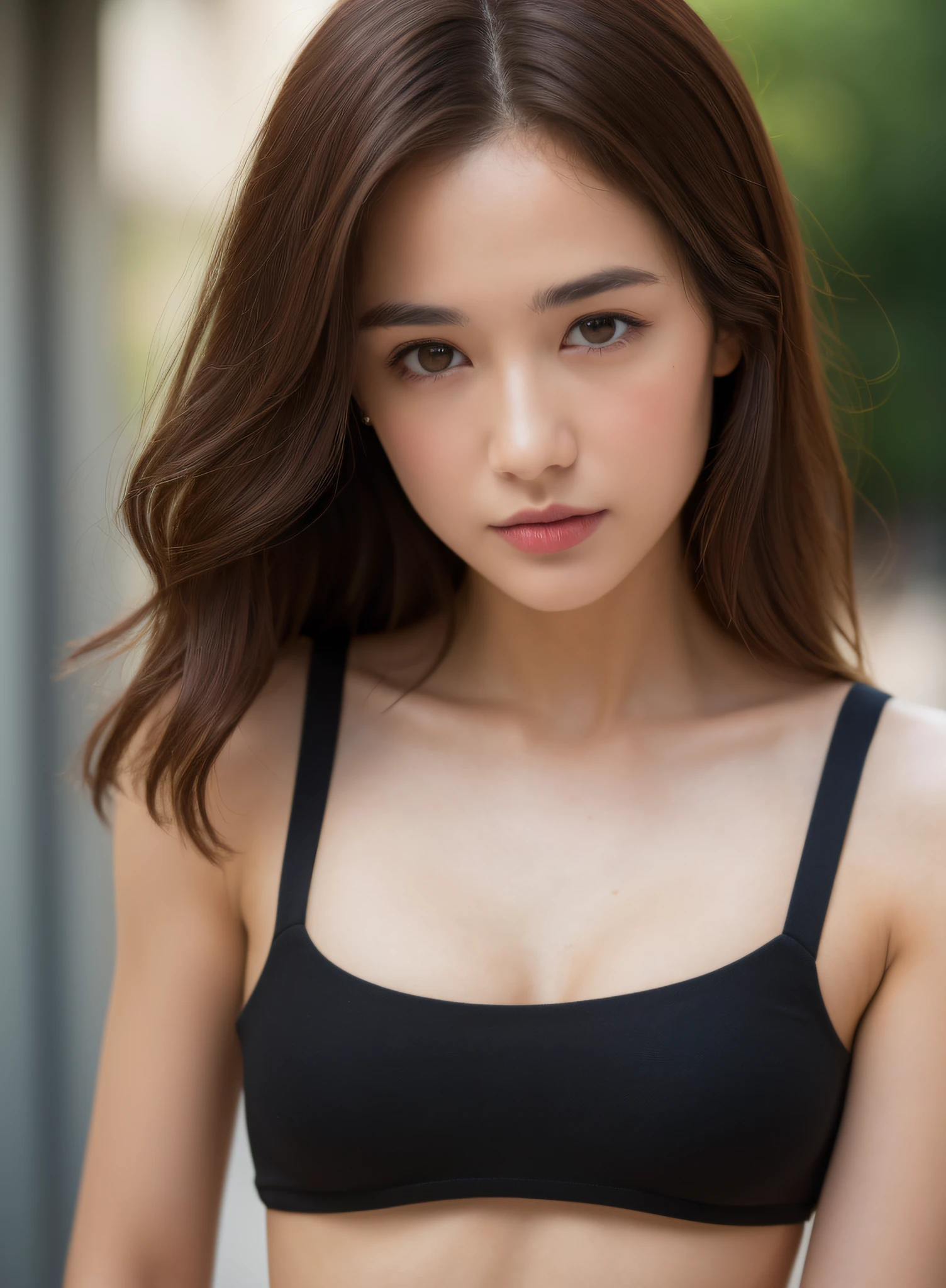 ((Best quality, 8k, Masterpiece :1.3)), Sharp focus :1.2, A pretty woman with perfect figure :1.4, Slender abs :1.2, ((Dark brown hair, small breasts :1.4)), (wearing white tanktop, linen :1.1), City street:1.2, Highly detailed face and skin texture, Detailed eyes, Double eyelid, dark armpit