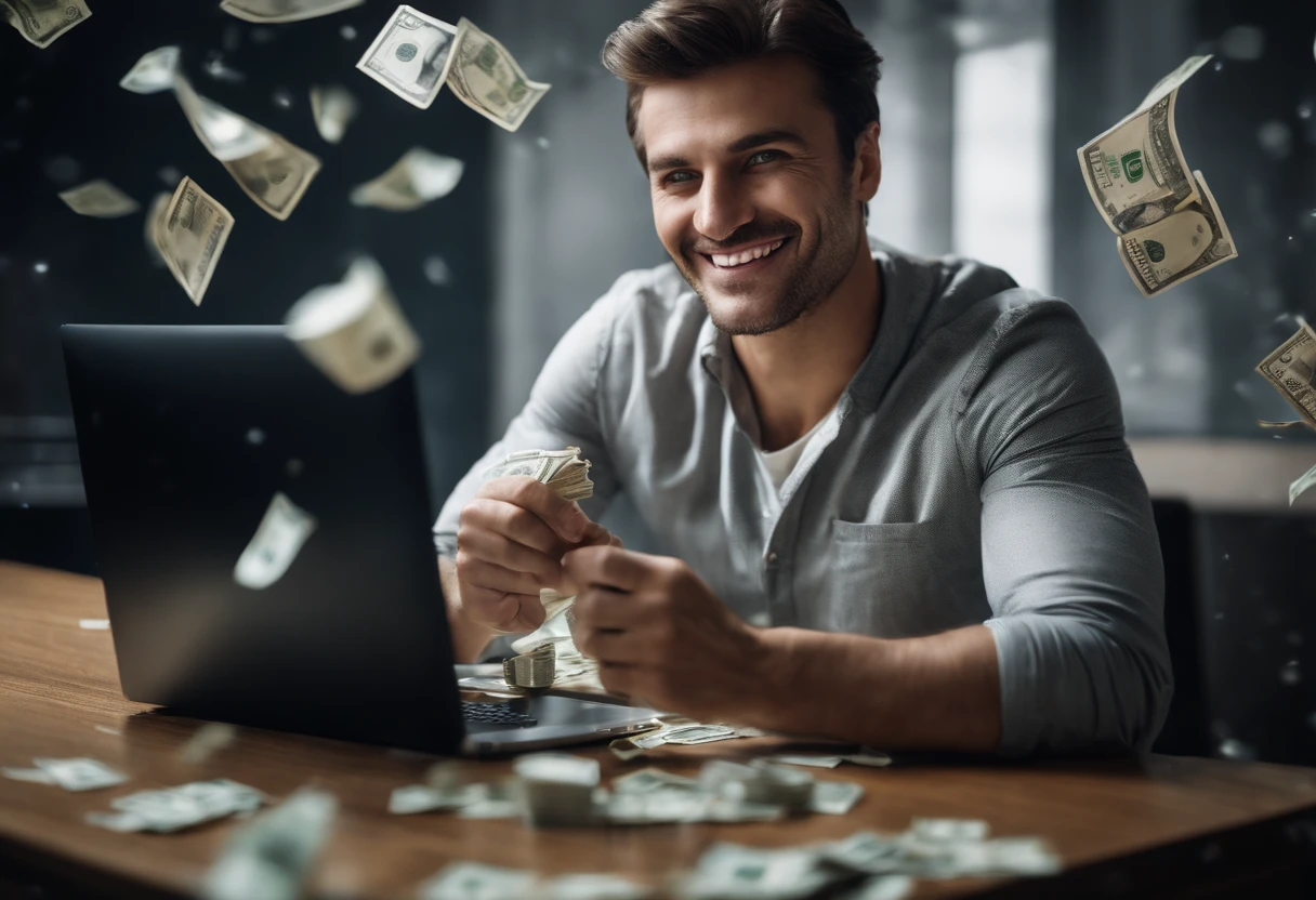One Man,Smiling,Relaxing,goodlooking,sitting in front of computer,Behind him are a lot of banknotes falling like rain,Hold the cup only in your right hand,Lots of wad、Bright image、Clear facial expressions、Draw your finger clearly