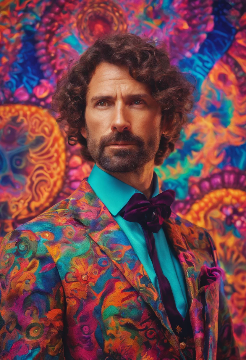 Cinematic portrait  photo, of a handsom man, tall and fit, 40 years old, (shaven:1.2) , short curly brown hair. dark brown tight velvet suit, (the jacket has black flower patterns:1.2). transgressive art, sharp focus, 8 k, octane render , saturated colors, pastel colors