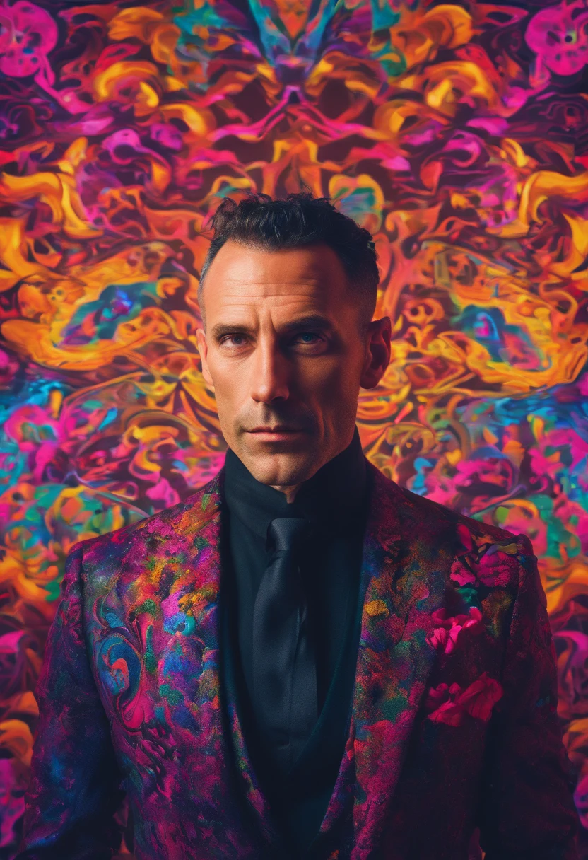 Cinematic portrait photo, of a handsom man, tall and fit, 40 years old, (shaven:1.2) , short curly brown hair. dark brown tight velvet suit, (the jacket has black flower patterns:1.2). transgressive art, sharp focus, 8 k, octane render , saturated colors, pastel colors