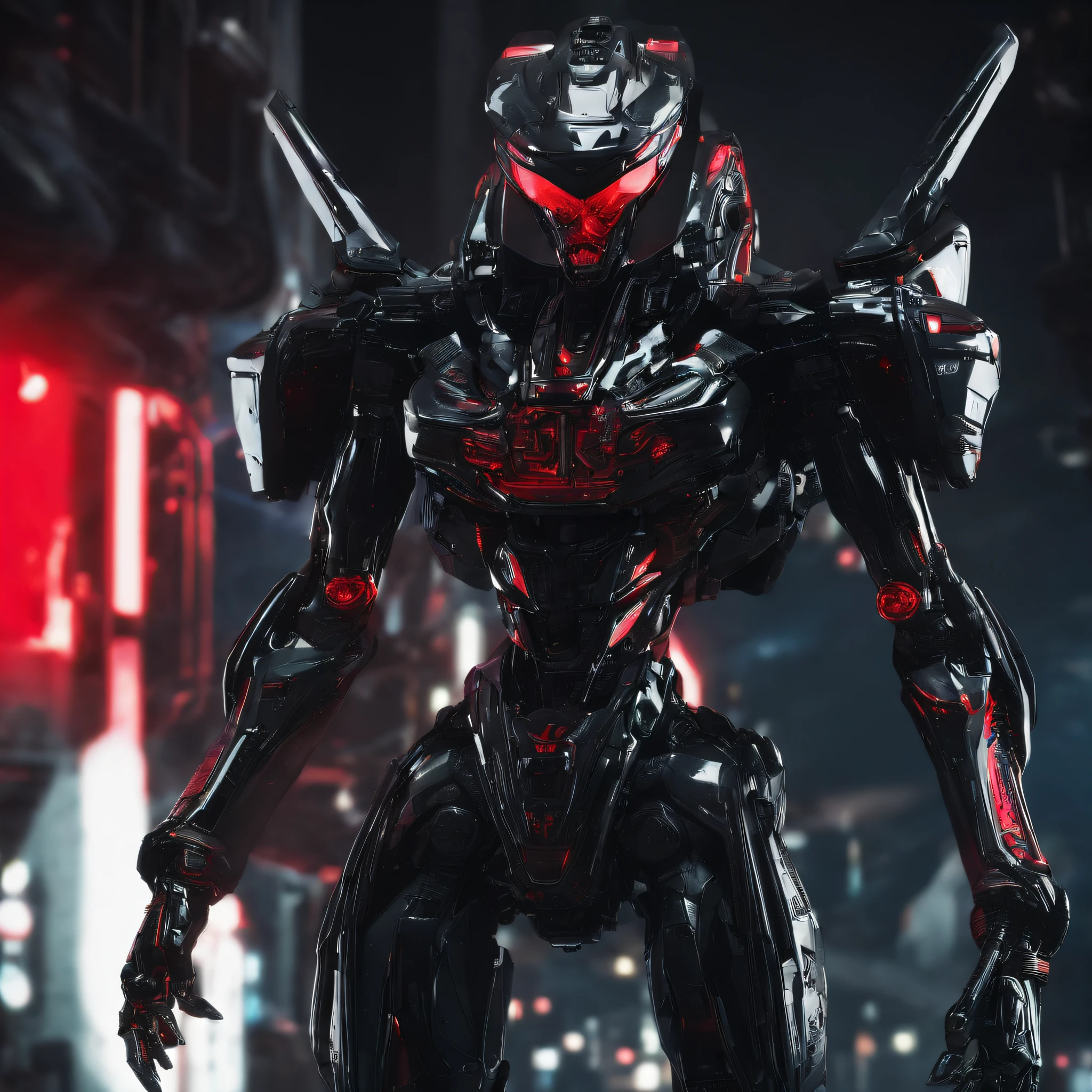 An alien，Solo，full bodyesbian，Humanoid，mechs，(Wearing inky black clothes/Mecha with red zirconia ceramic surface:1.5)，(((Hard surface properties)))，(((streamlined line design)))，It has refined features in a sci-fi environment,with light glowing, Sparks and lights, best qualtiy，tmasterpiece，Photorealsitic, Highly detailed, iintricate，unreal 5 render，